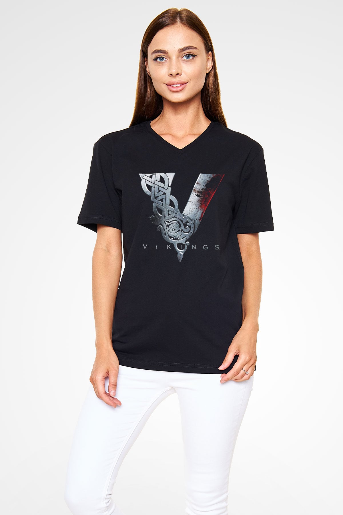Vikings Siyah Unisex V Yaka Tişört T-Shirt