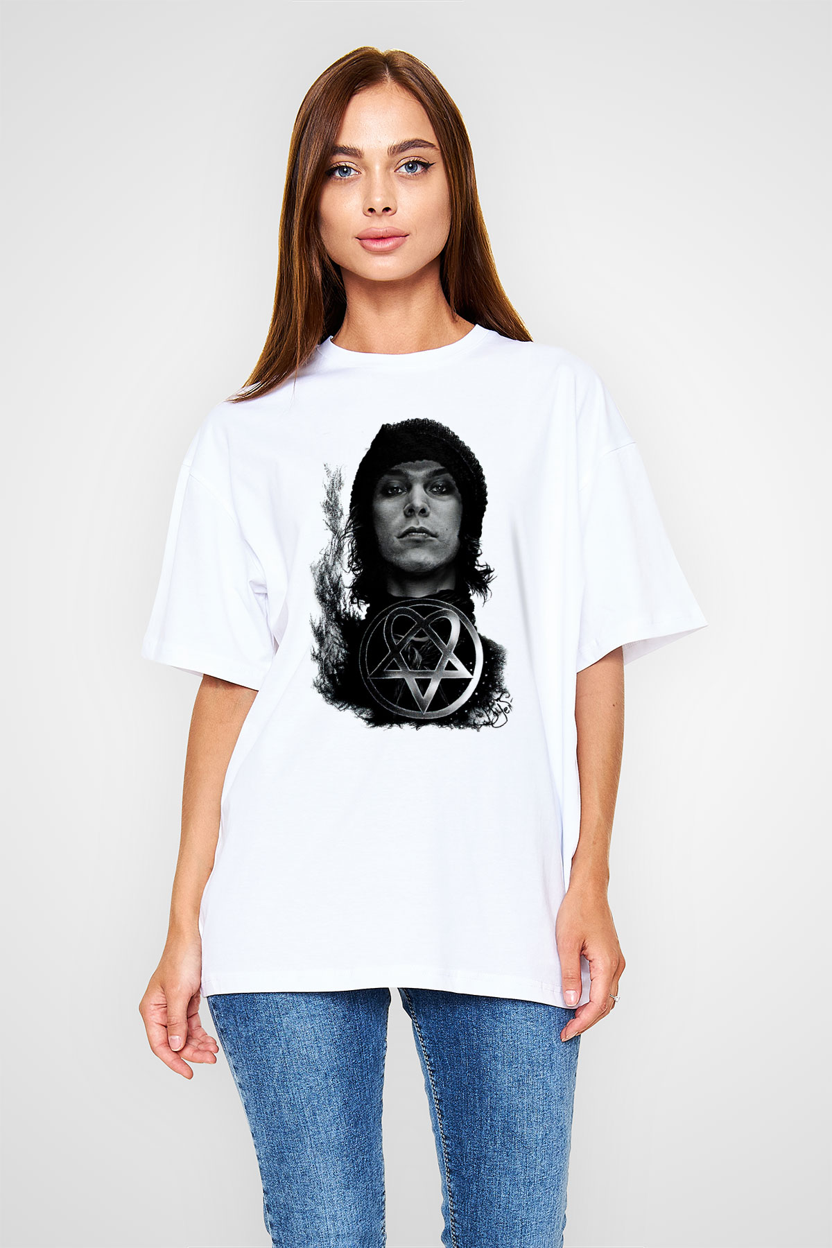 Ville Valo Baskılı Beyaz Unisex Oversize Tişört - Tshirt