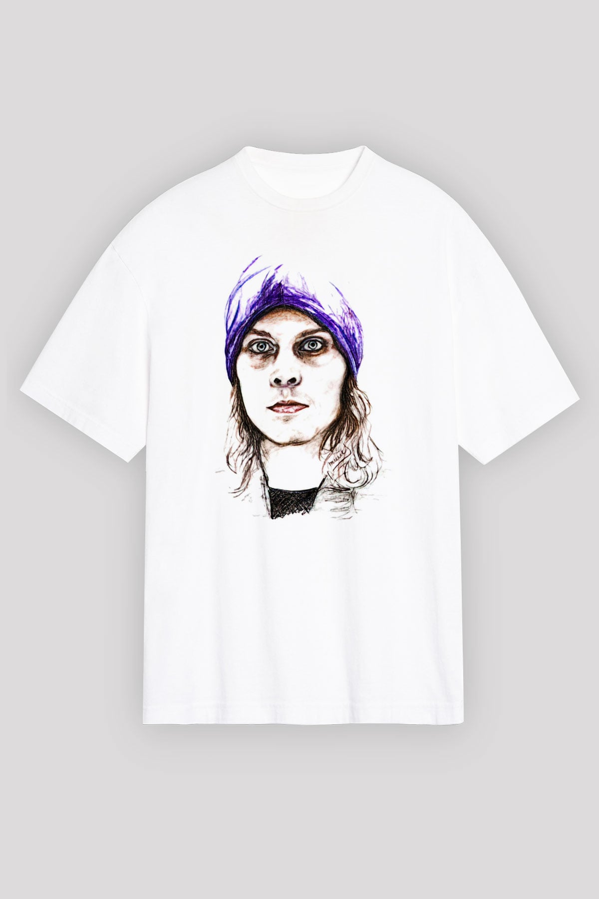 Ville Valo Baskılı Beyaz Unisex Oversize Tişört - Tshirt