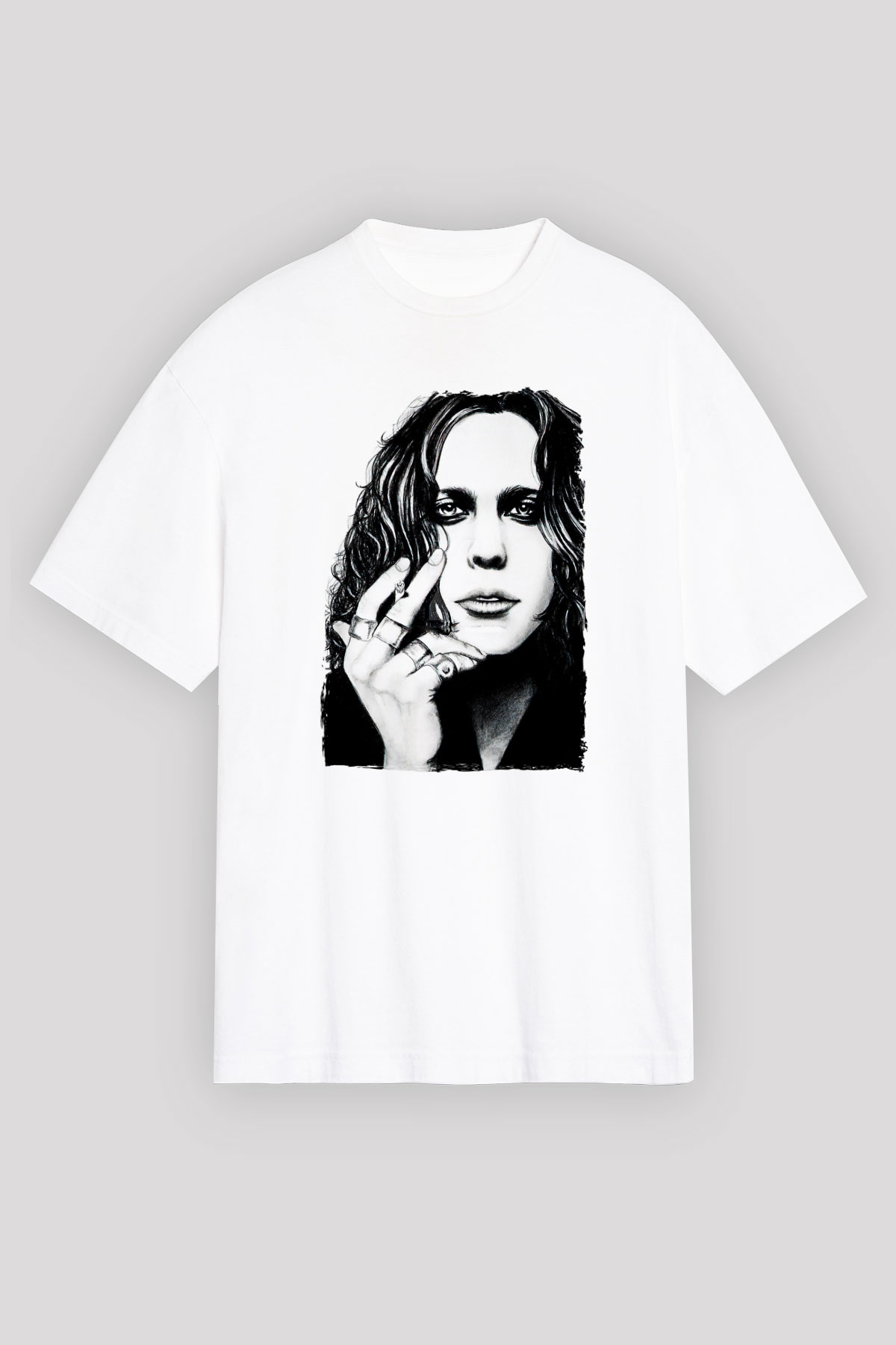 Ville Valo Baskılı Beyaz Unisex Oversize Tişört - Tshirt