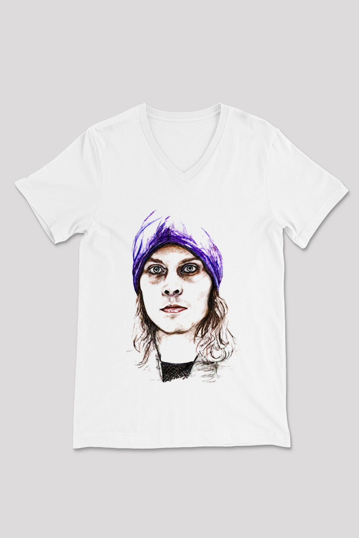 Ville Valo Baskılı Beyaz Unisex V Yaka Tişört - Tshirt