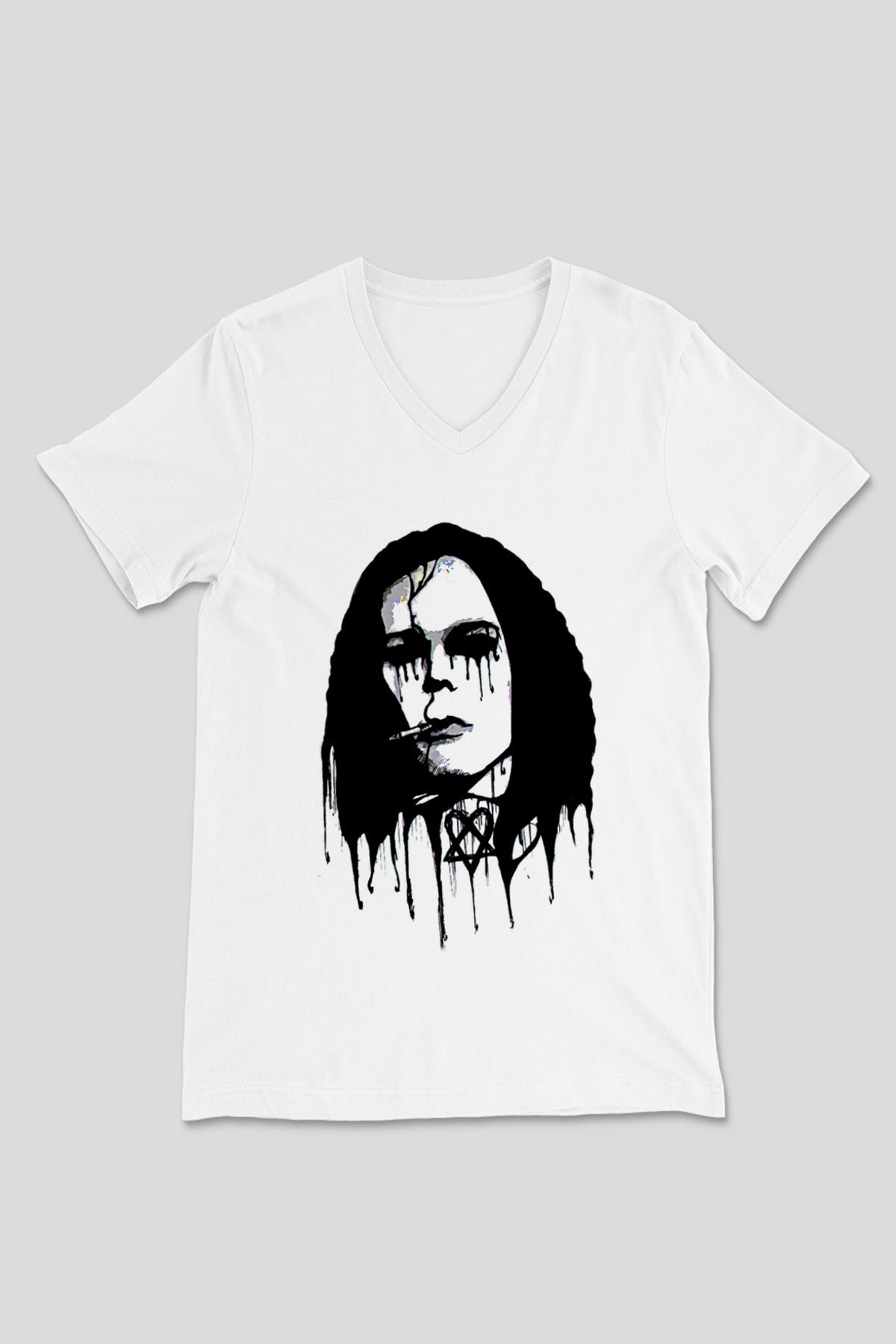 Ville Valo Baskılı Beyaz Unisex V Yaka Tişört - Tshirt