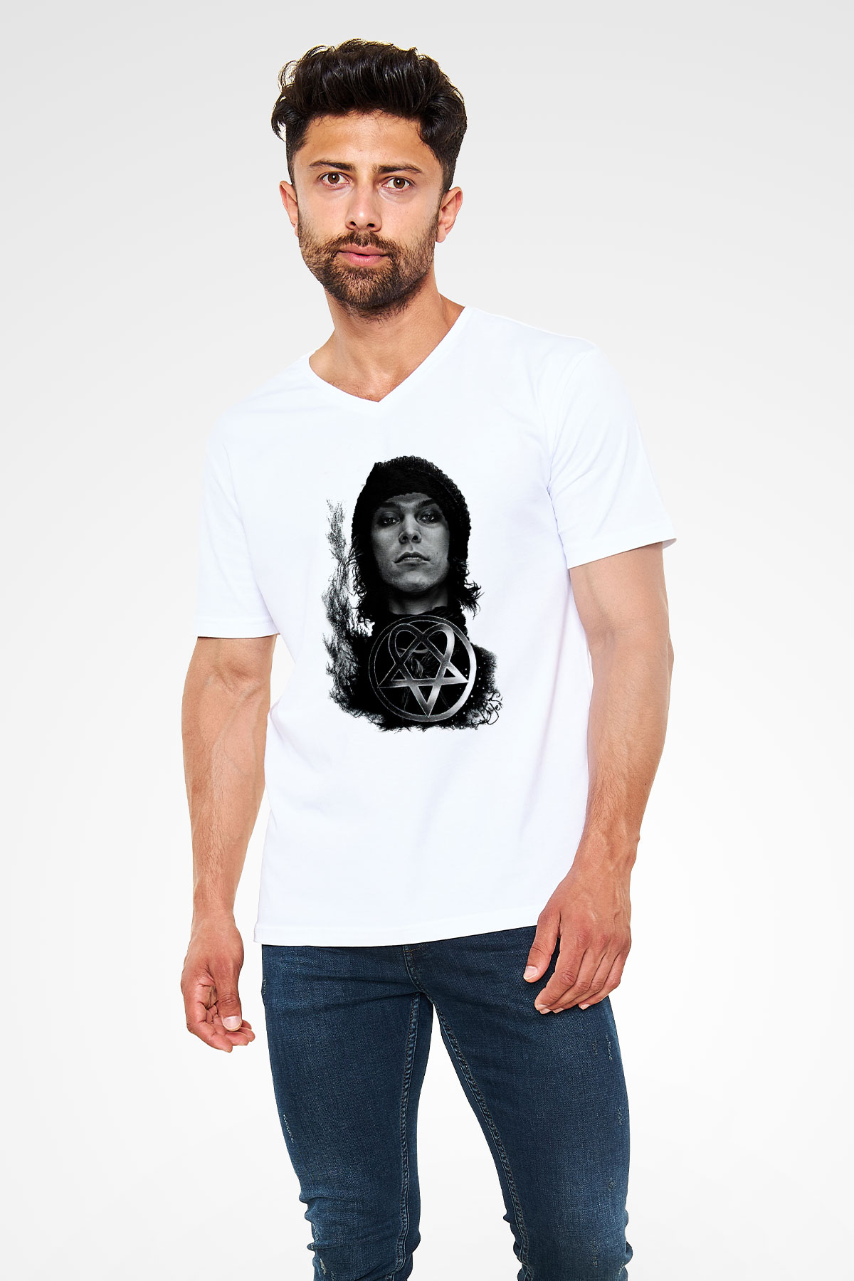 Ville Valo Baskılı Beyaz Unisex V Yaka Tişört - Tshirt