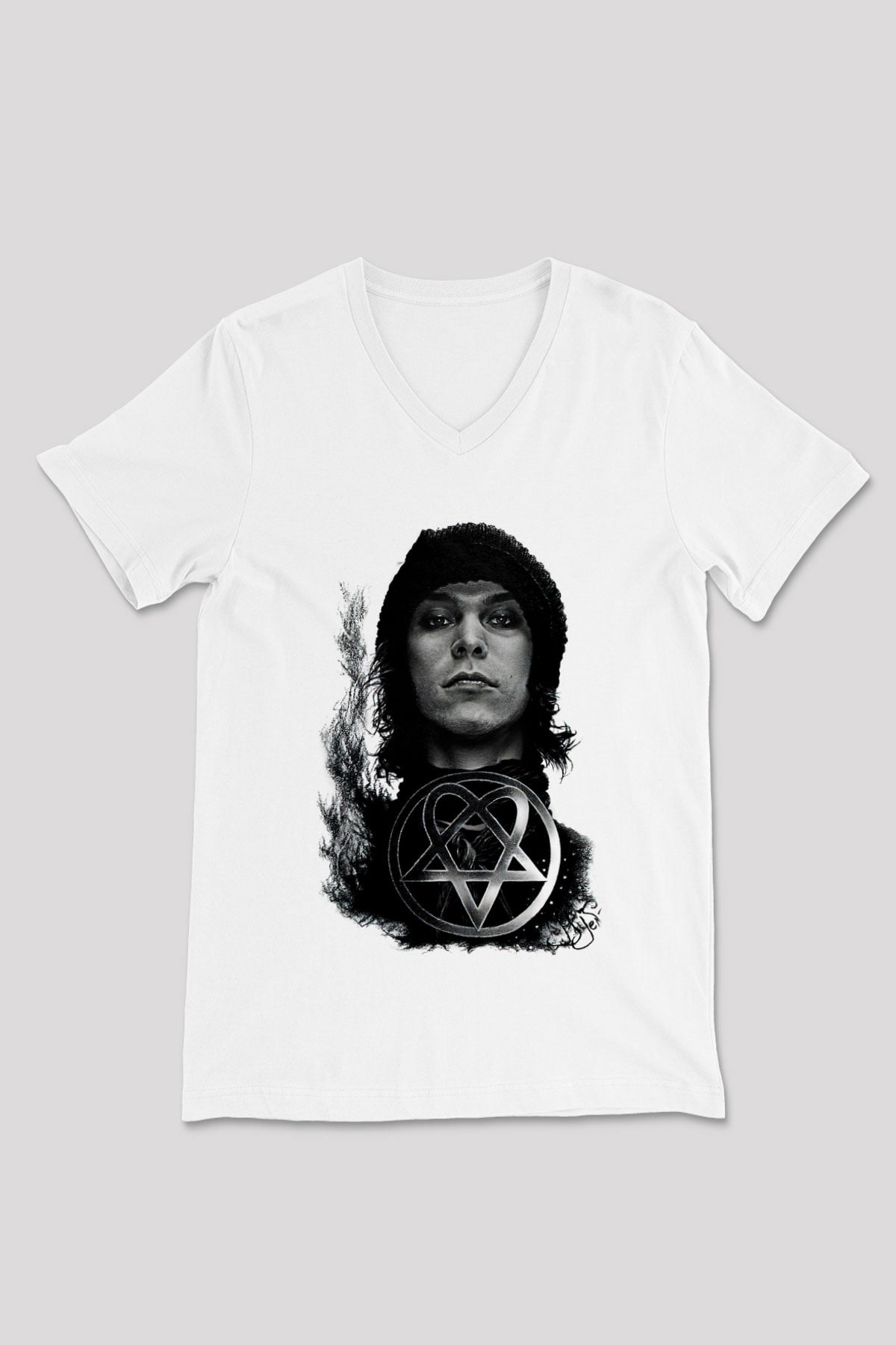 Ville Valo Baskılı Beyaz Unisex V Yaka Tişört - Tshirt