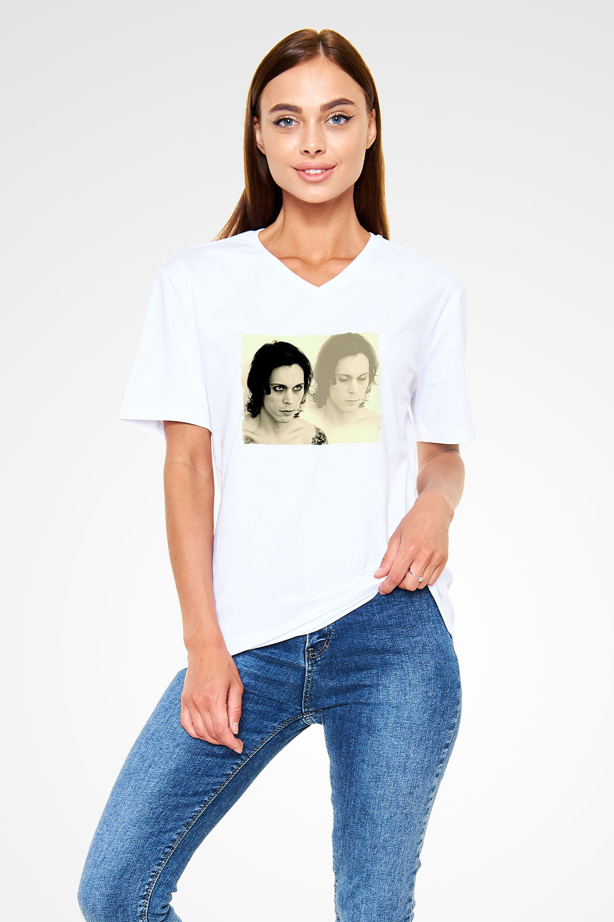 Ville Valo Baskılı Beyaz Unisex V Yaka Tişört - Tshirt