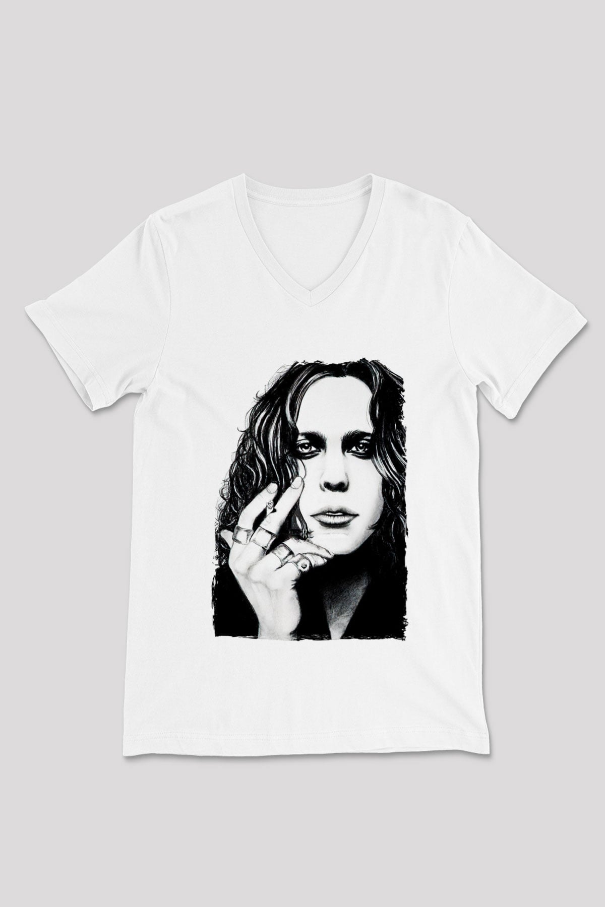 Ville Valo Baskılı Beyaz Unisex V Yaka Tişört - Tshirt