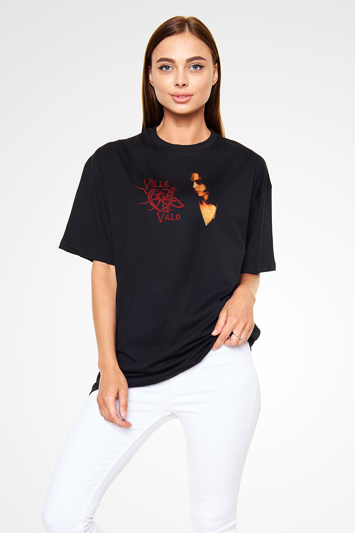 Ville Valo Baskılı Unisex Siyah Oversize Tişört - Tshirt