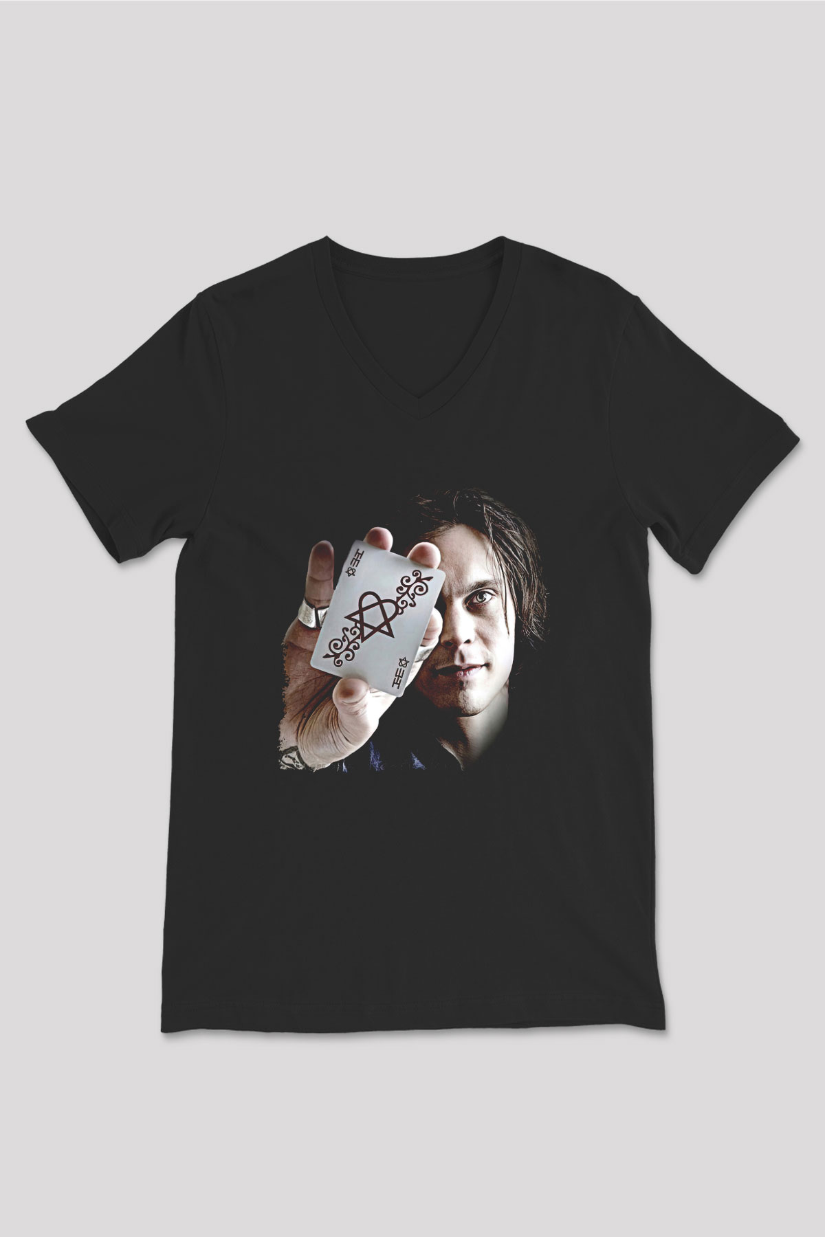 Ville Valo Baskılı Unisex Siyah V Yaka Tişört - Tshirt