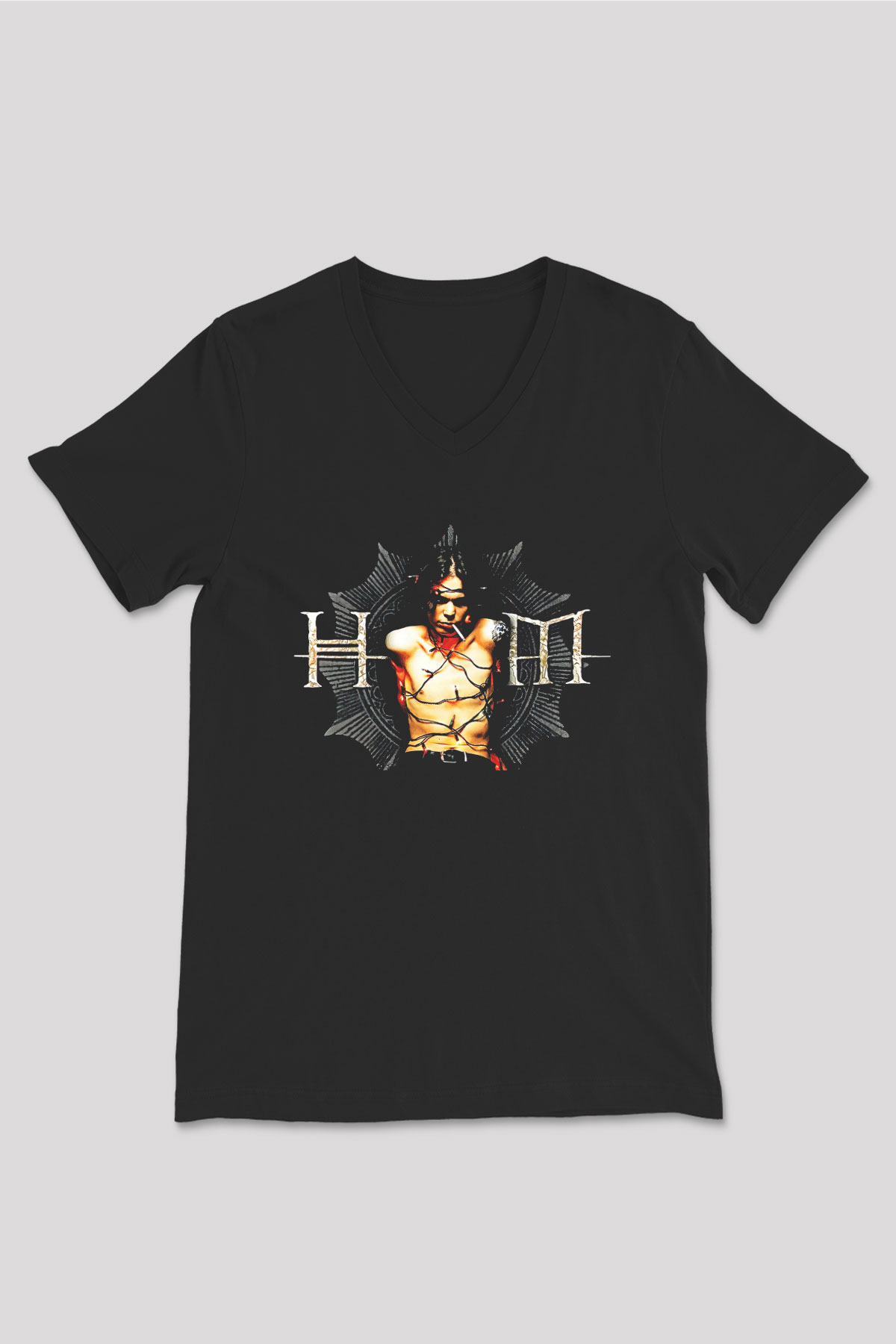 Ville Valo Baskılı Unisex Siyah V Yaka Tişört - Tshirt