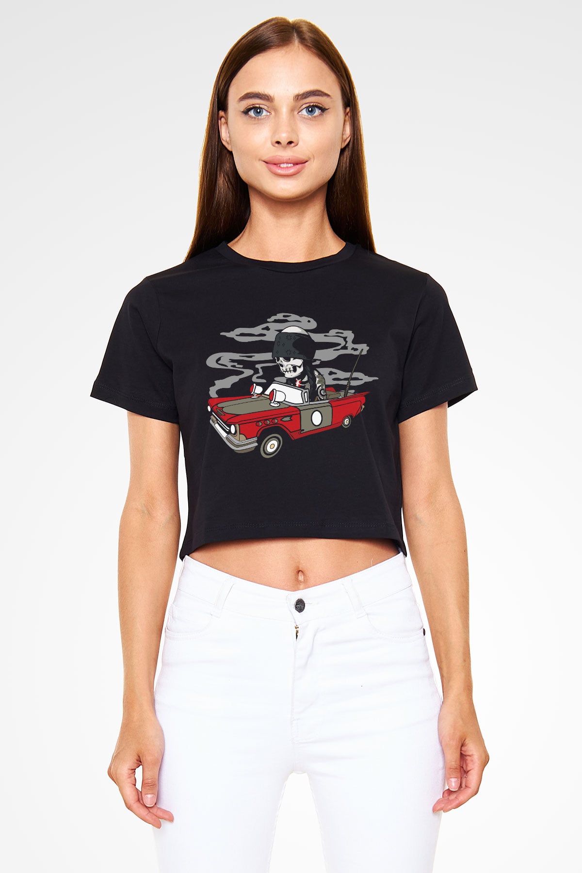 Vintage İskelet Sürücü Baskılı  Siyah  Crop Top Tişört