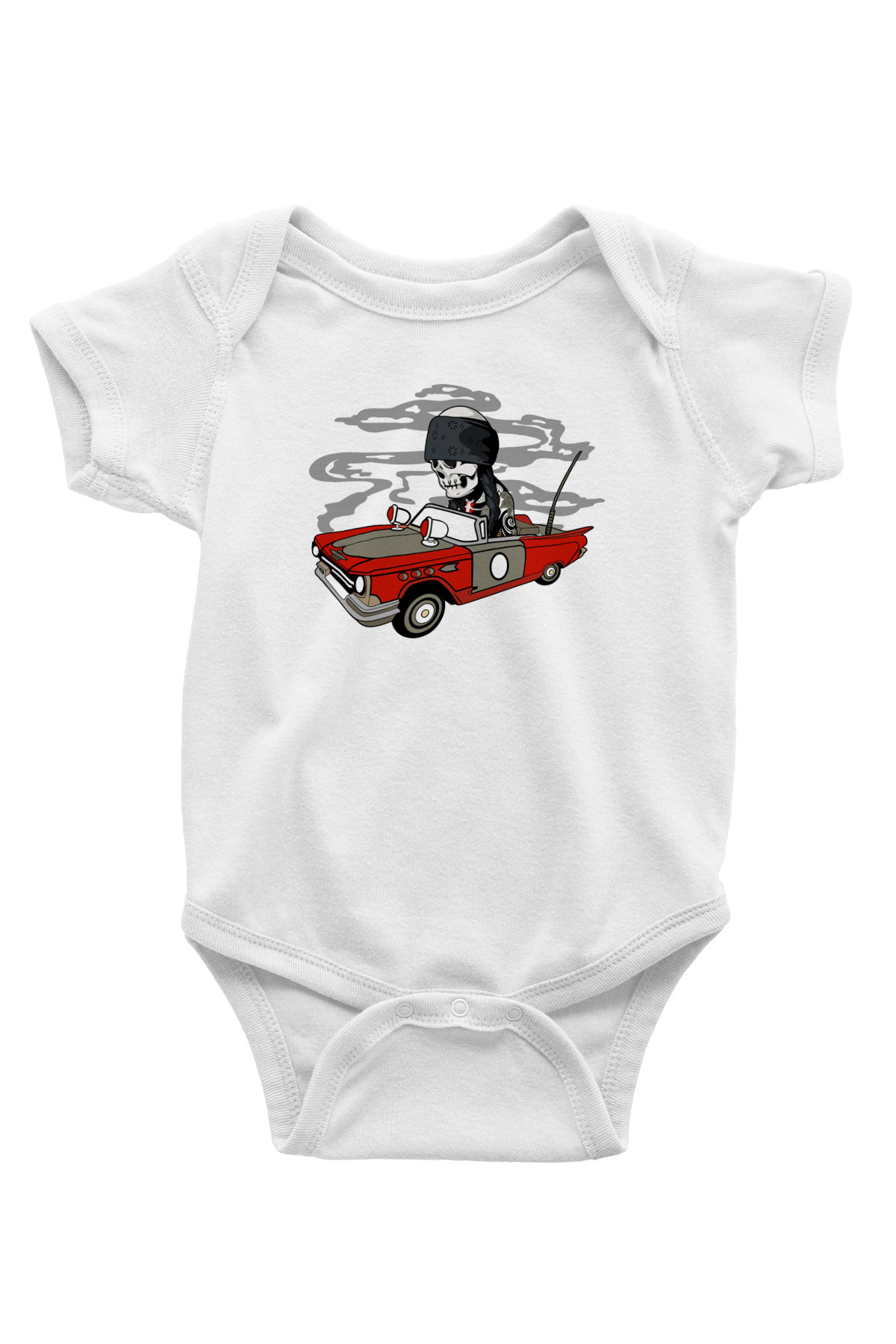 Vintage İskelet Sürücü Baskılı Unisex Beyaz Bebek Body - Zıbın