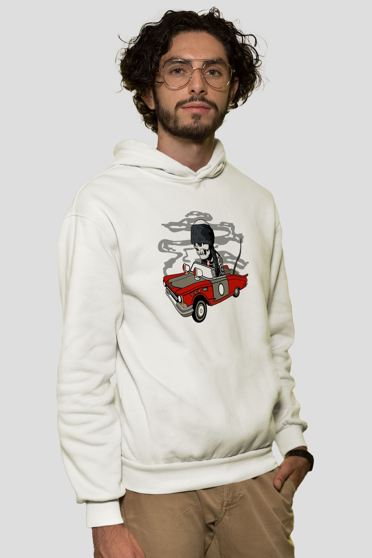 Vintage İskelet Sürücü Baskılı Unisex Beyaz Hoodie