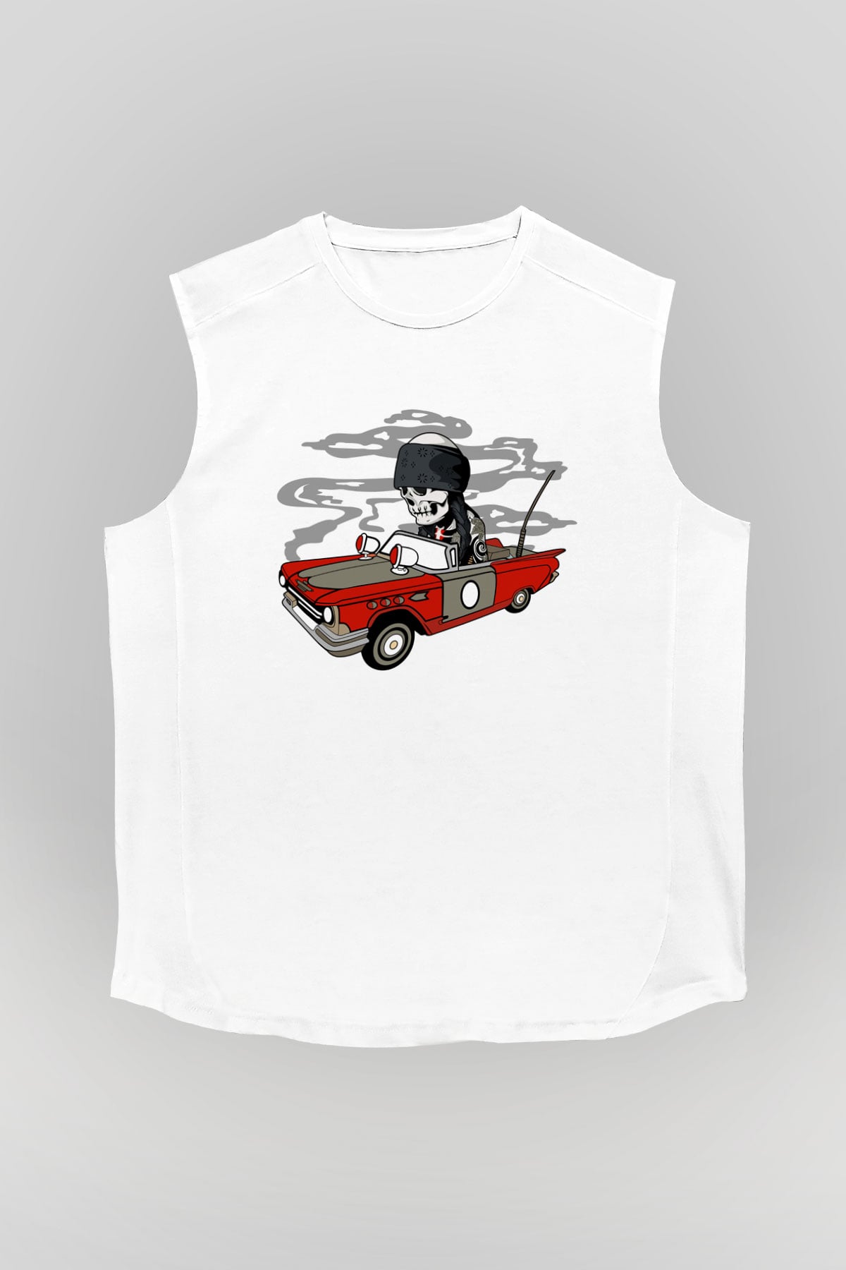 Vintage İskelet Sürücü Baskılı Unisex Beyaz Kolsuz Tişört