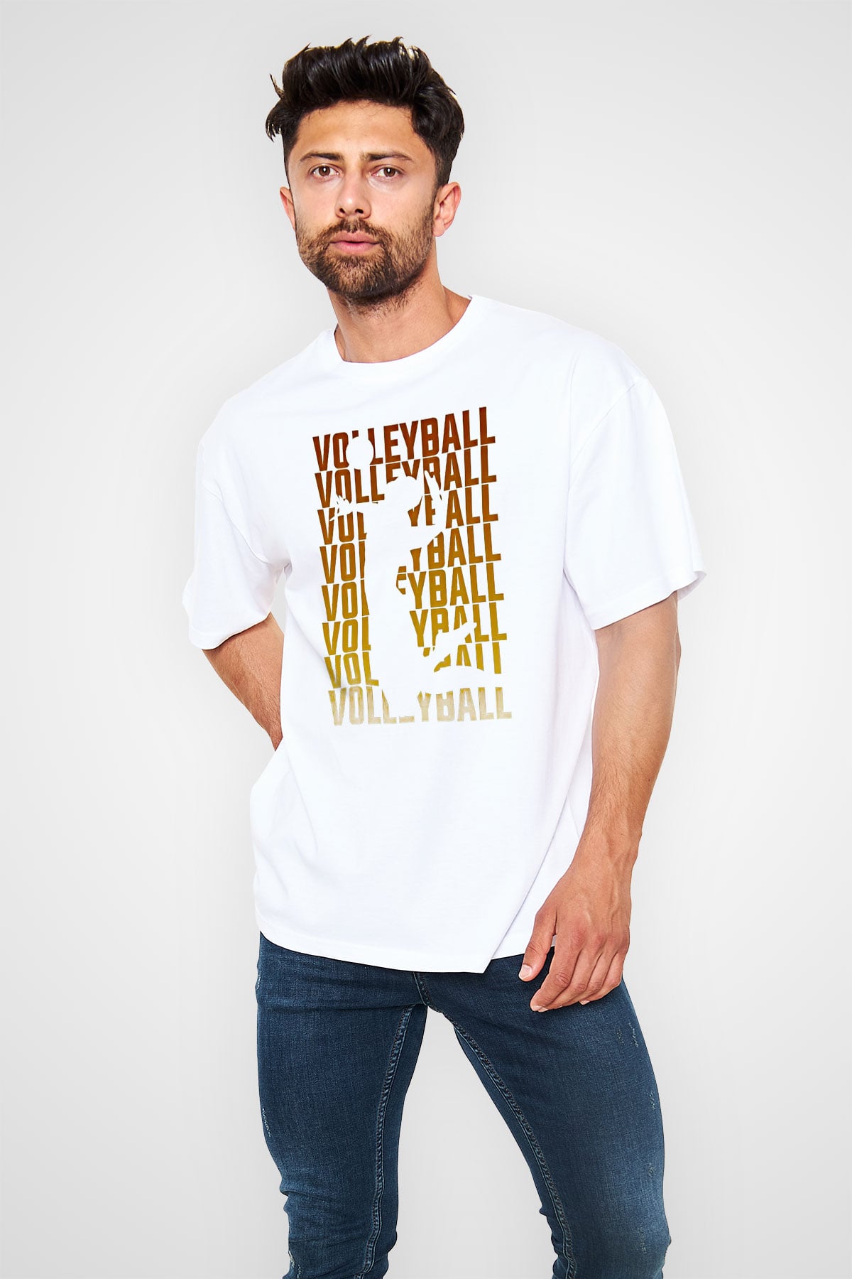 Voleybol Baskılı Unisex Beyaz Oversize Tişört - Tshirt