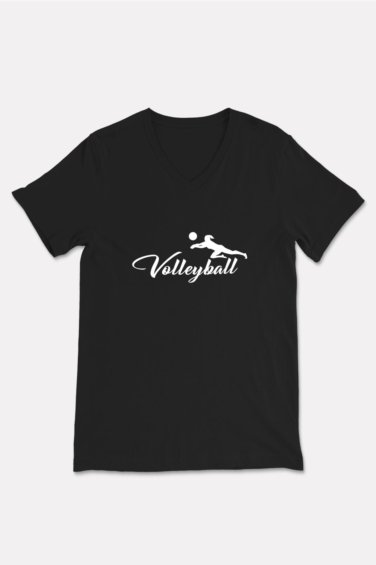 Voleybol - Volleyball Baskılı Unisex Siyah V Yaka Tişört