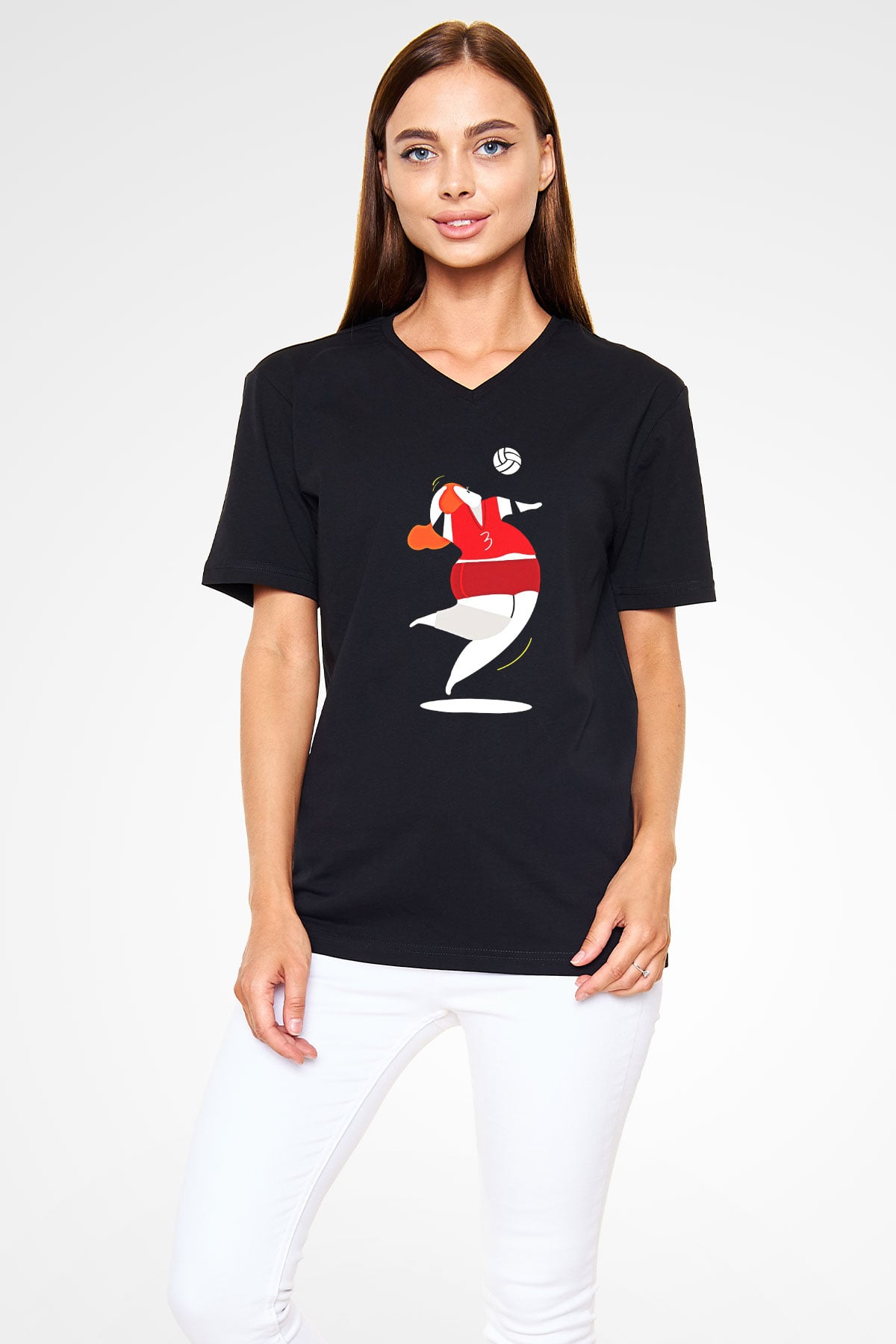 Voleybol - Volleyball Baskılı Unisex Siyah V Yaka Tişört