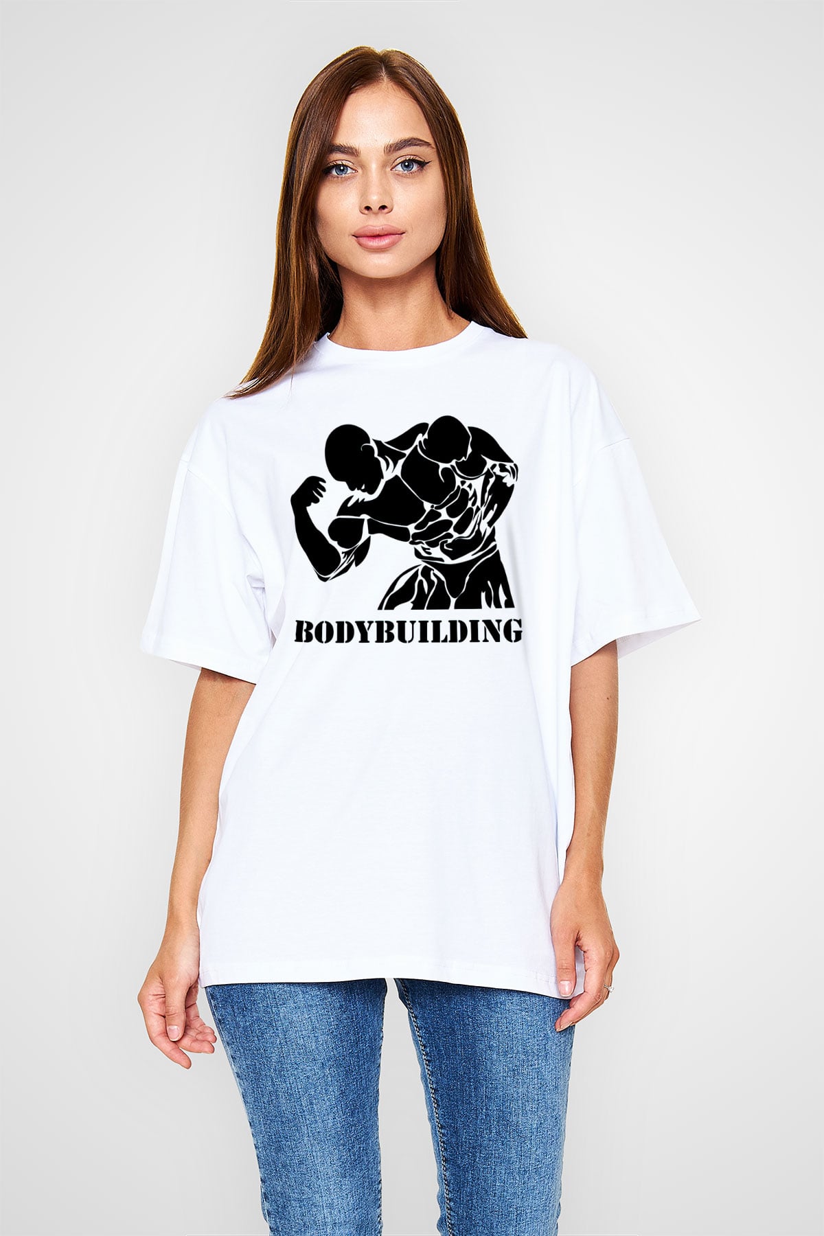 Vücut geliştirme Beyaz Unisex Oversize Tişört T-Shirt