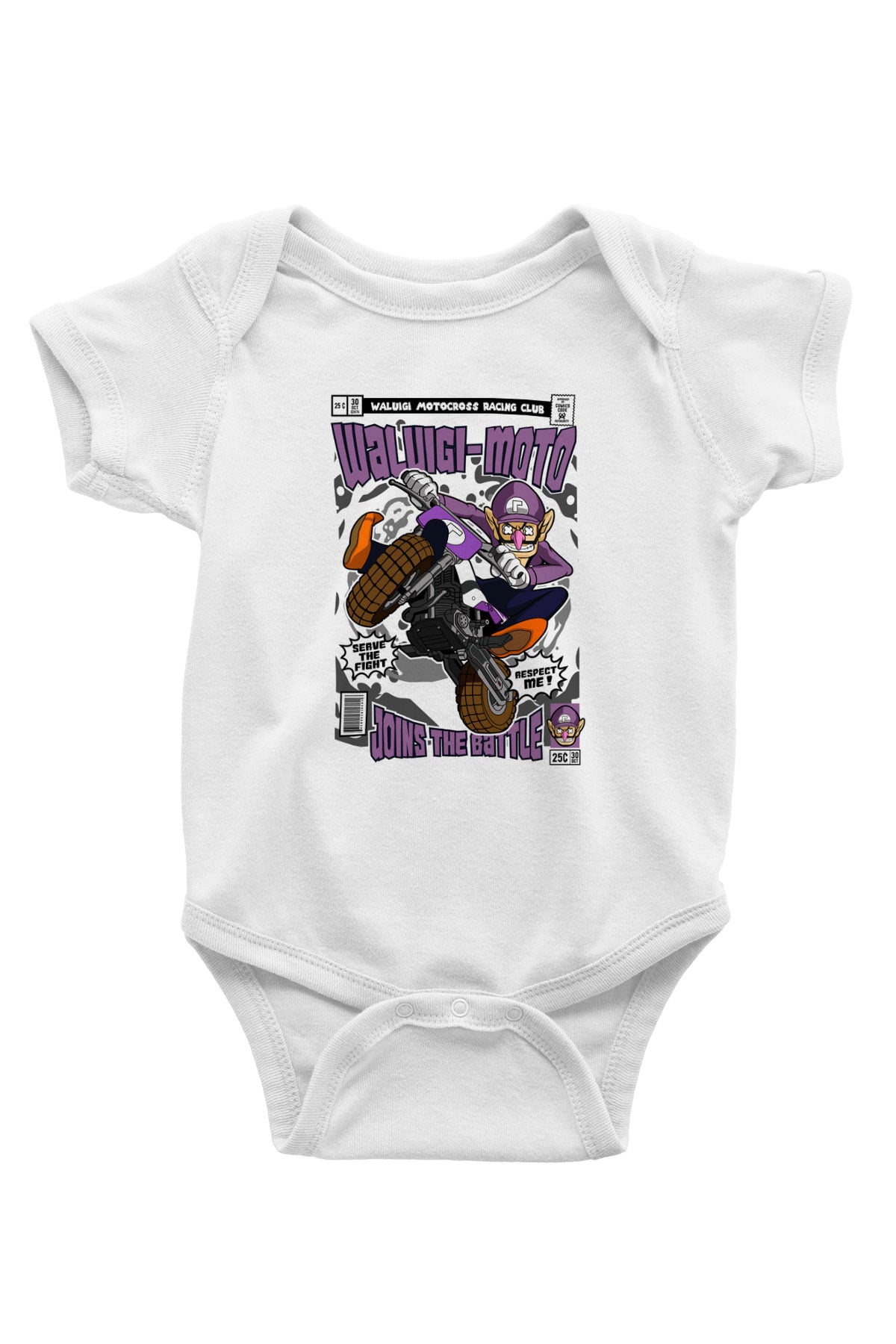 Waluigi-Moto Baskılı Unisex Beyaz Bebek Body - Zıbın