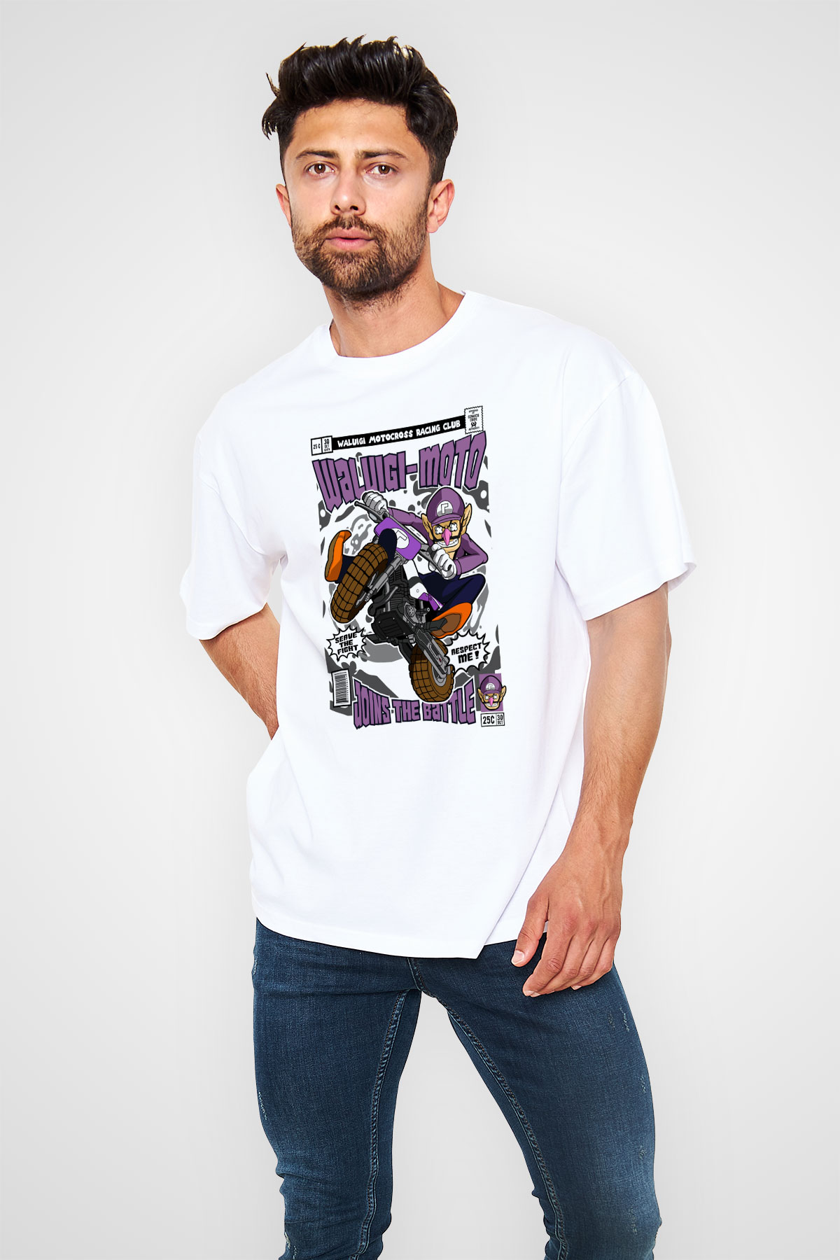 Waluigi-Moto Baskılı Unisex Beyaz Oversize Tişört