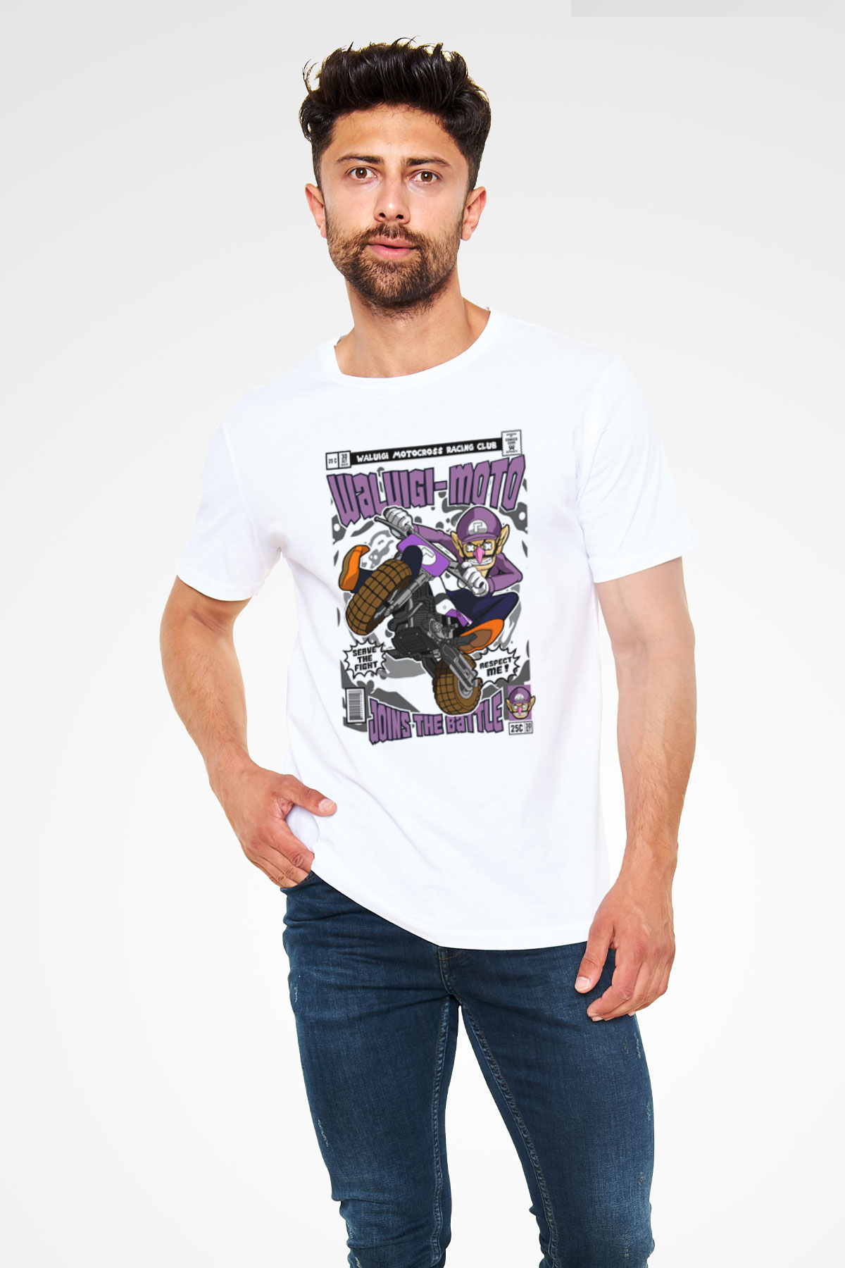 Waluigi-Moto Baskılı Unisex Beyaz Tişört