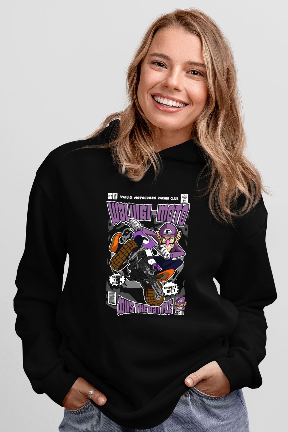 Waluigi Motocross Baskılı Unisex Siyah Hoodie
