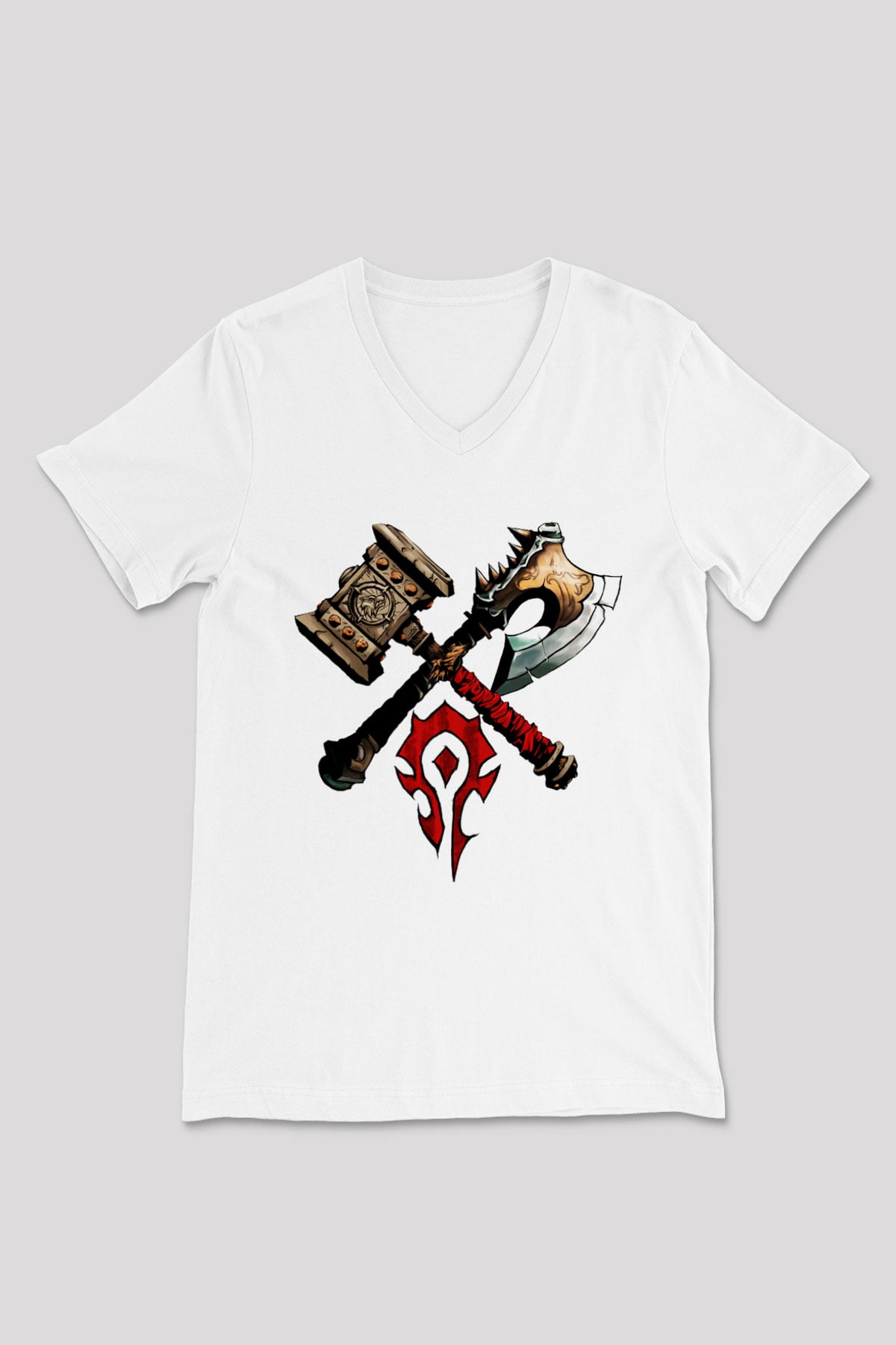 Warcraft Beyaz Unisex V Yaka Tişört T-Shirt