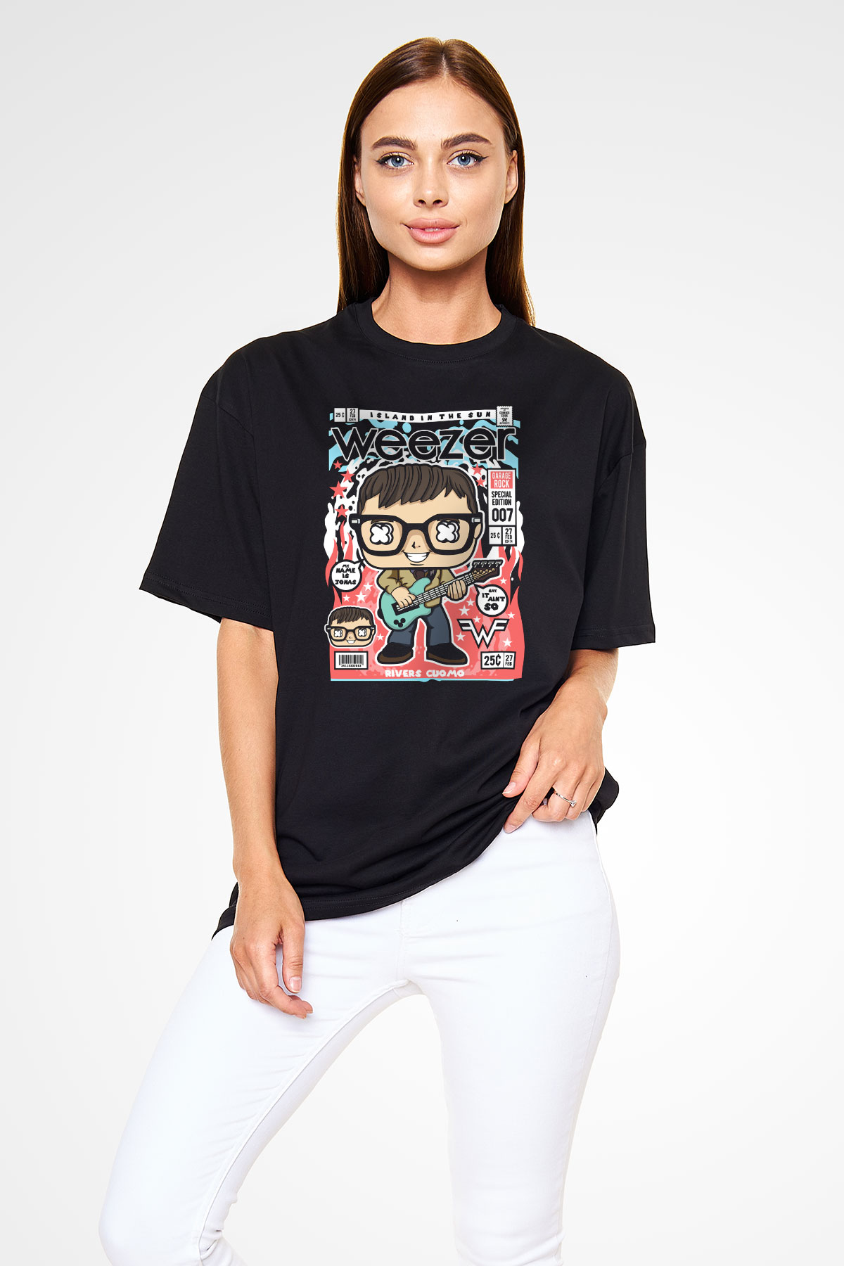 Weezer Baskılı Unisex Siyah Oversize Tişört