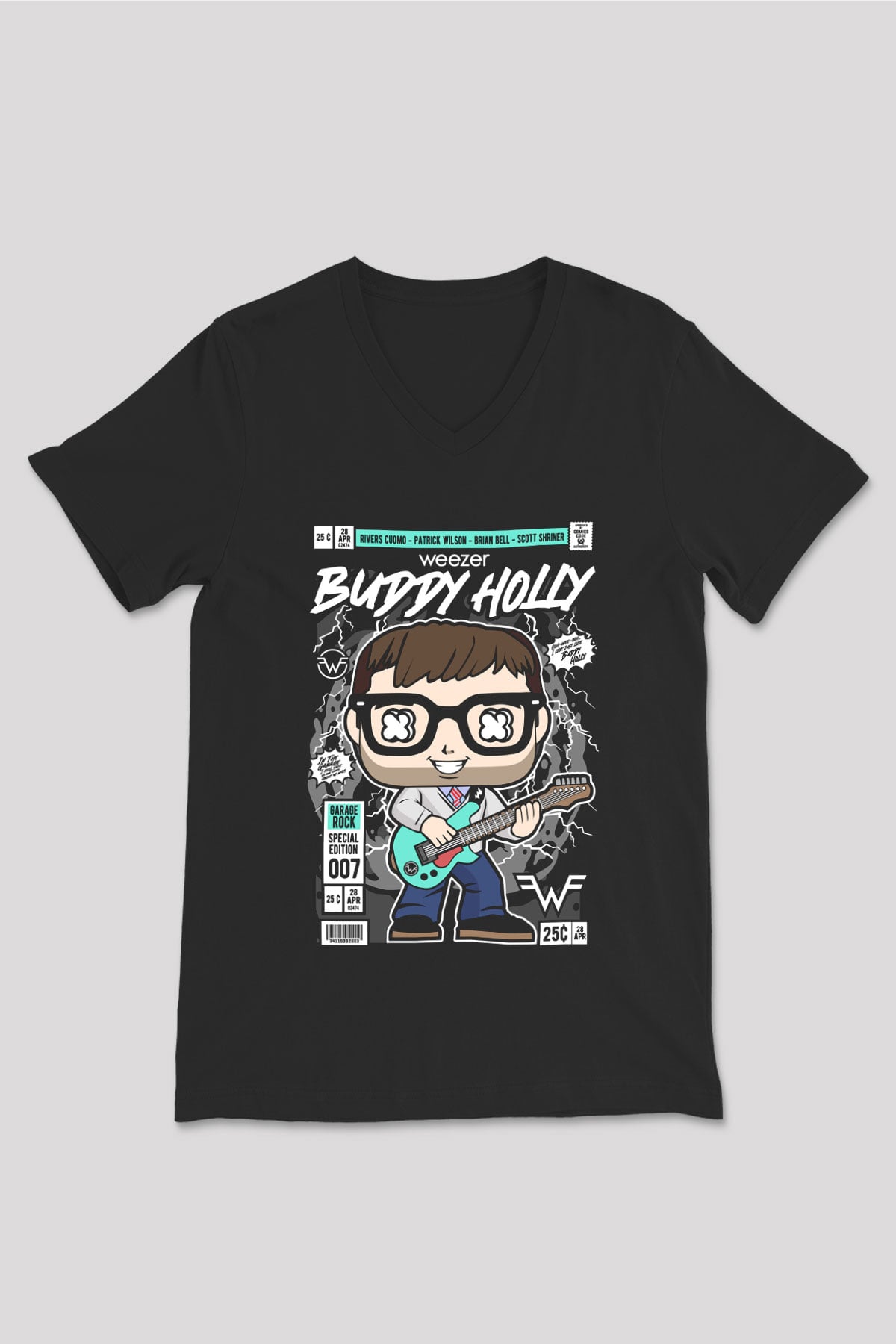 Weezer Baskılı Unisex Siyah V Yaka Tişört