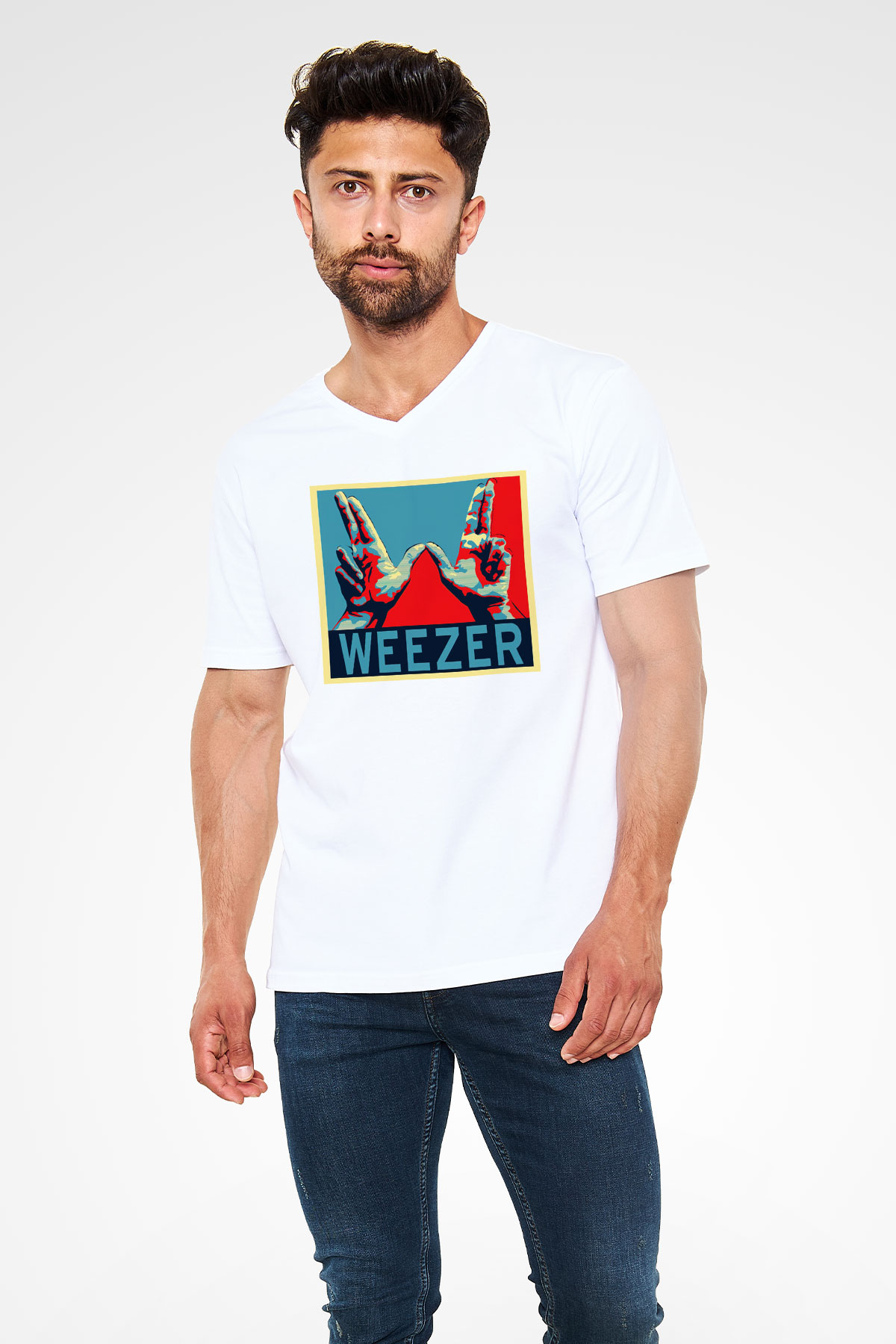 Weezer Beyaz Unisex V Yaka Tişört T-Shirt