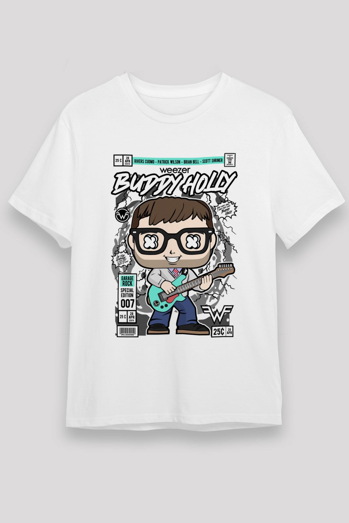 Weezer Buddy Holly Baskılı Unisex Beyaz Tişört