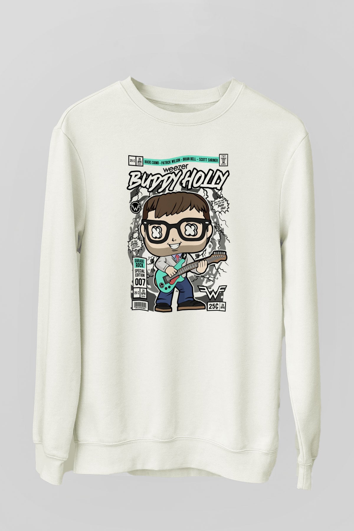 Weezer Buddy Holly Baskılı Unisex Beyaz Sweatshirt