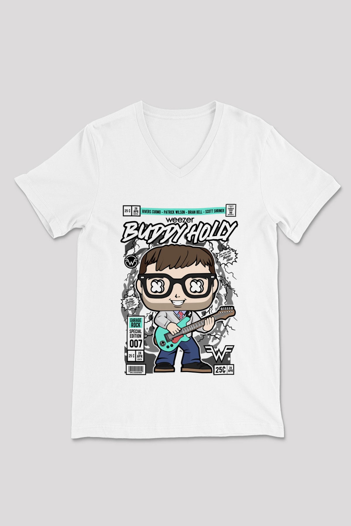 Weezer Buddy Holly Baskılı Unisex Beyaz V Yaka Tişört