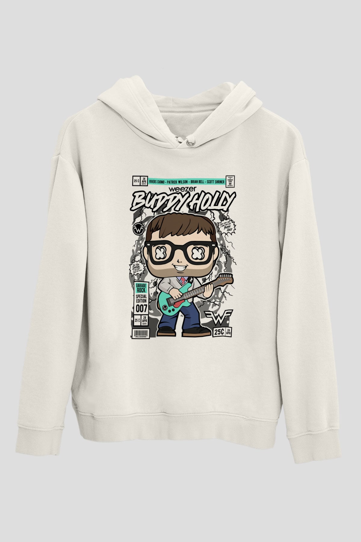 Weezer Buddy Holly Baskılı Unisex Beyaz Hoodie