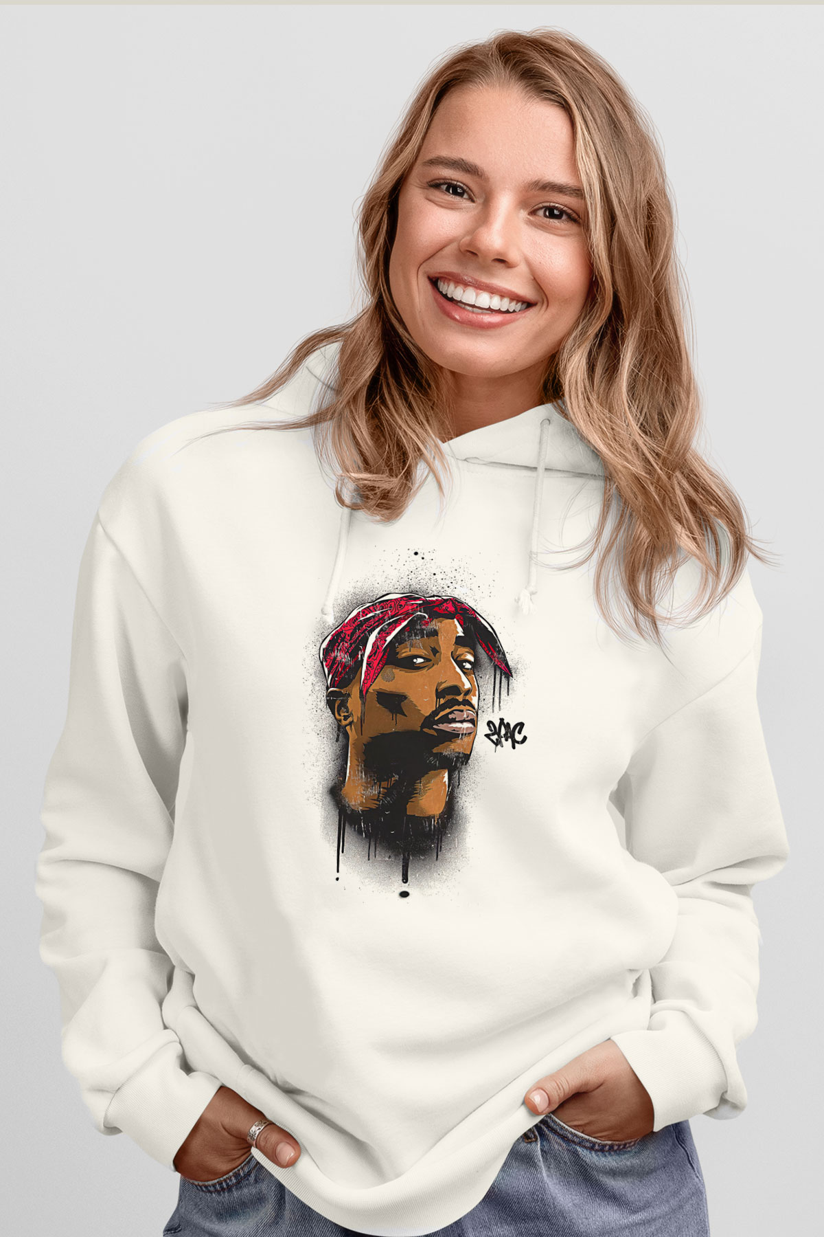 West Side Connection Baskılı Beyaz Unisex Kapüşonlu Sweatshirt