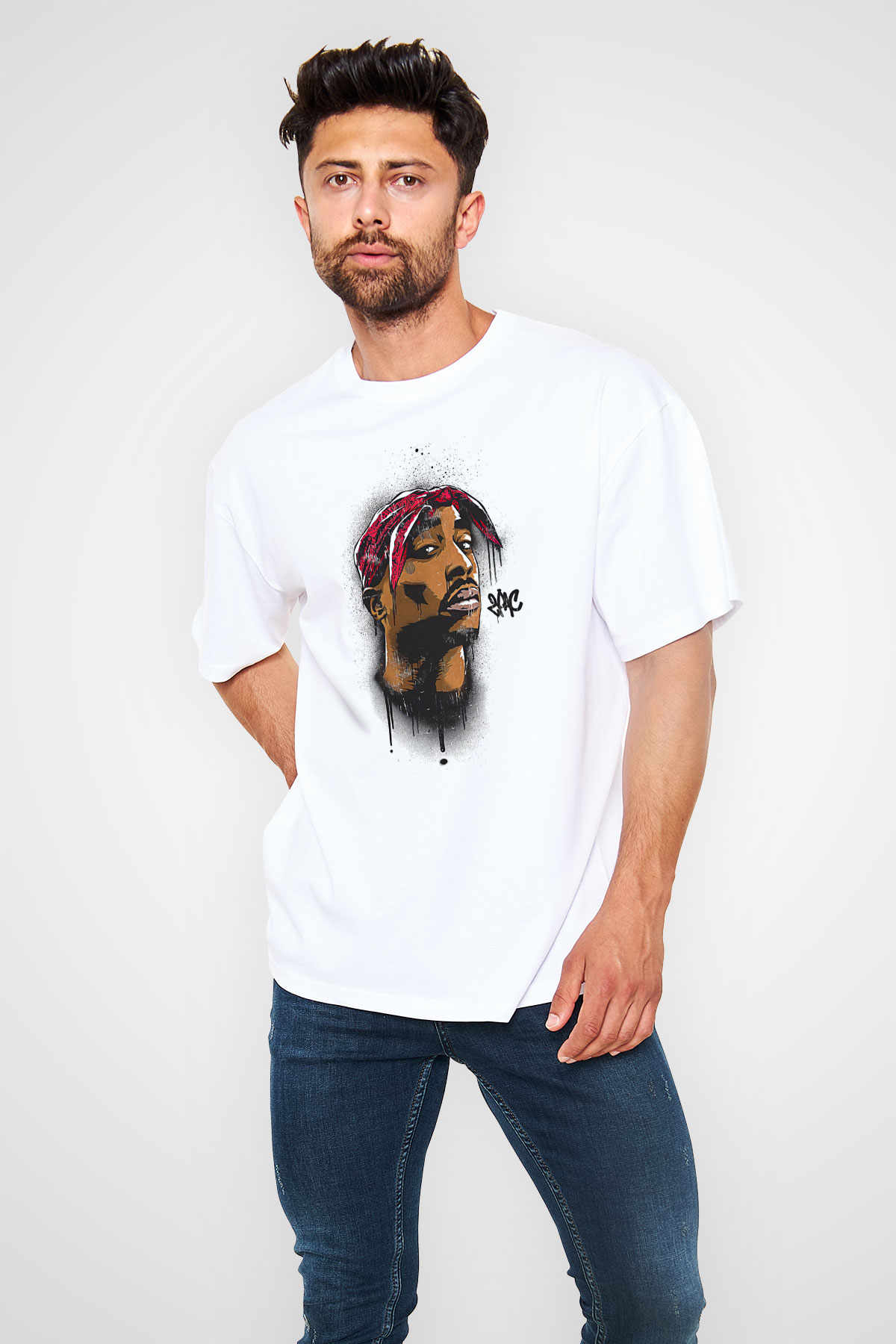 West Side Connection Baskılı Beyaz Unisex Oversize Tişört - Tshirt