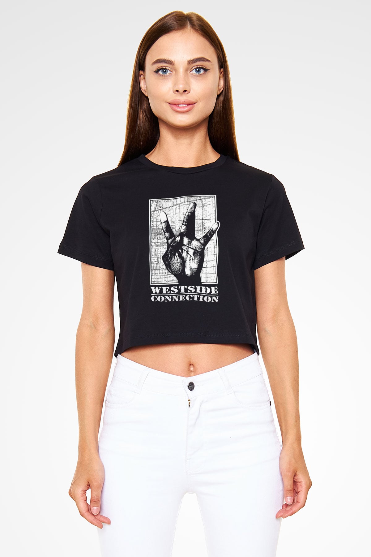 West Side Connection Baskılı Siyah Crop Top Kadın Tişört - Tshirt