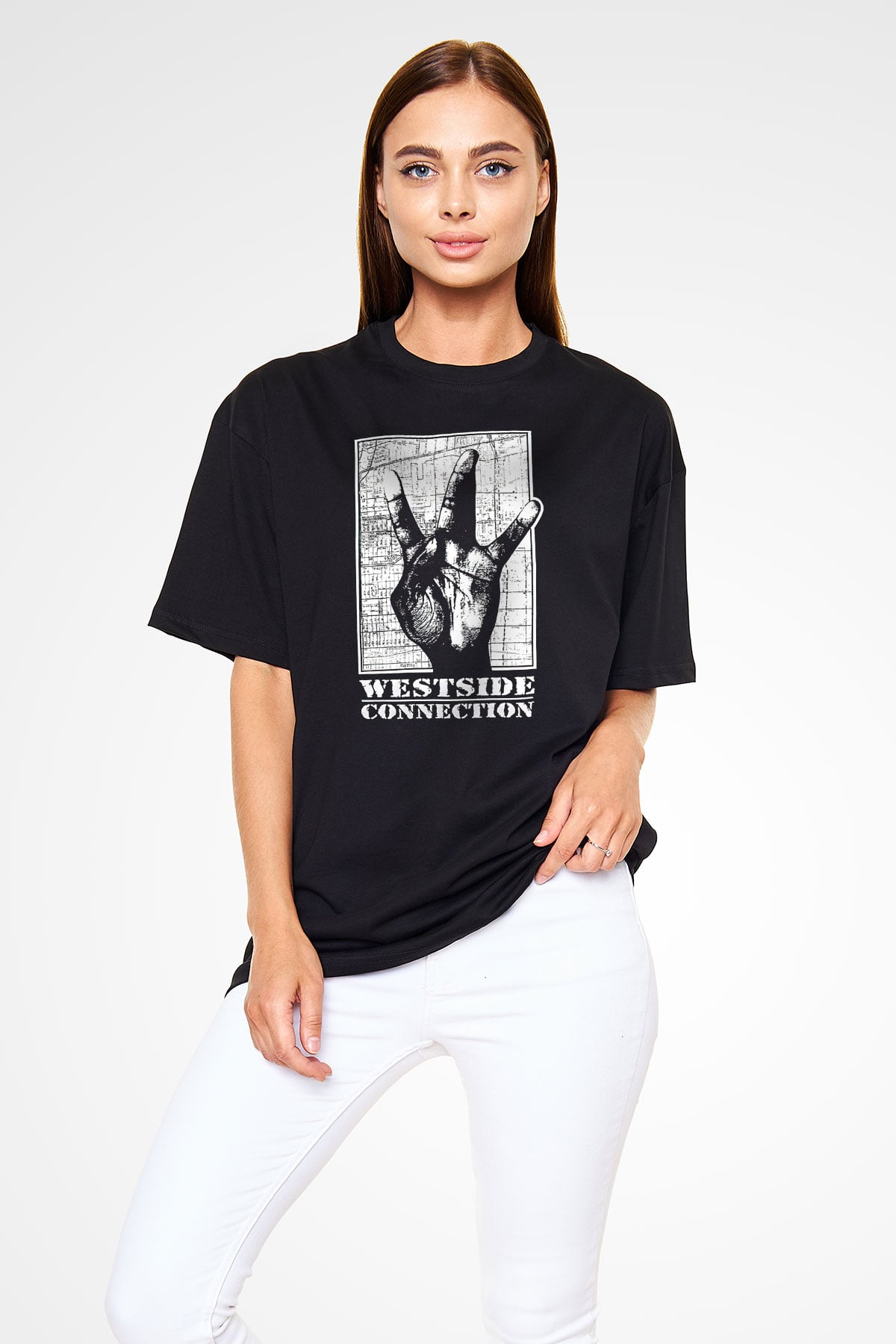 West Side Connection Baskılı Unisex Siyah Oversize Tişört - Tshirt