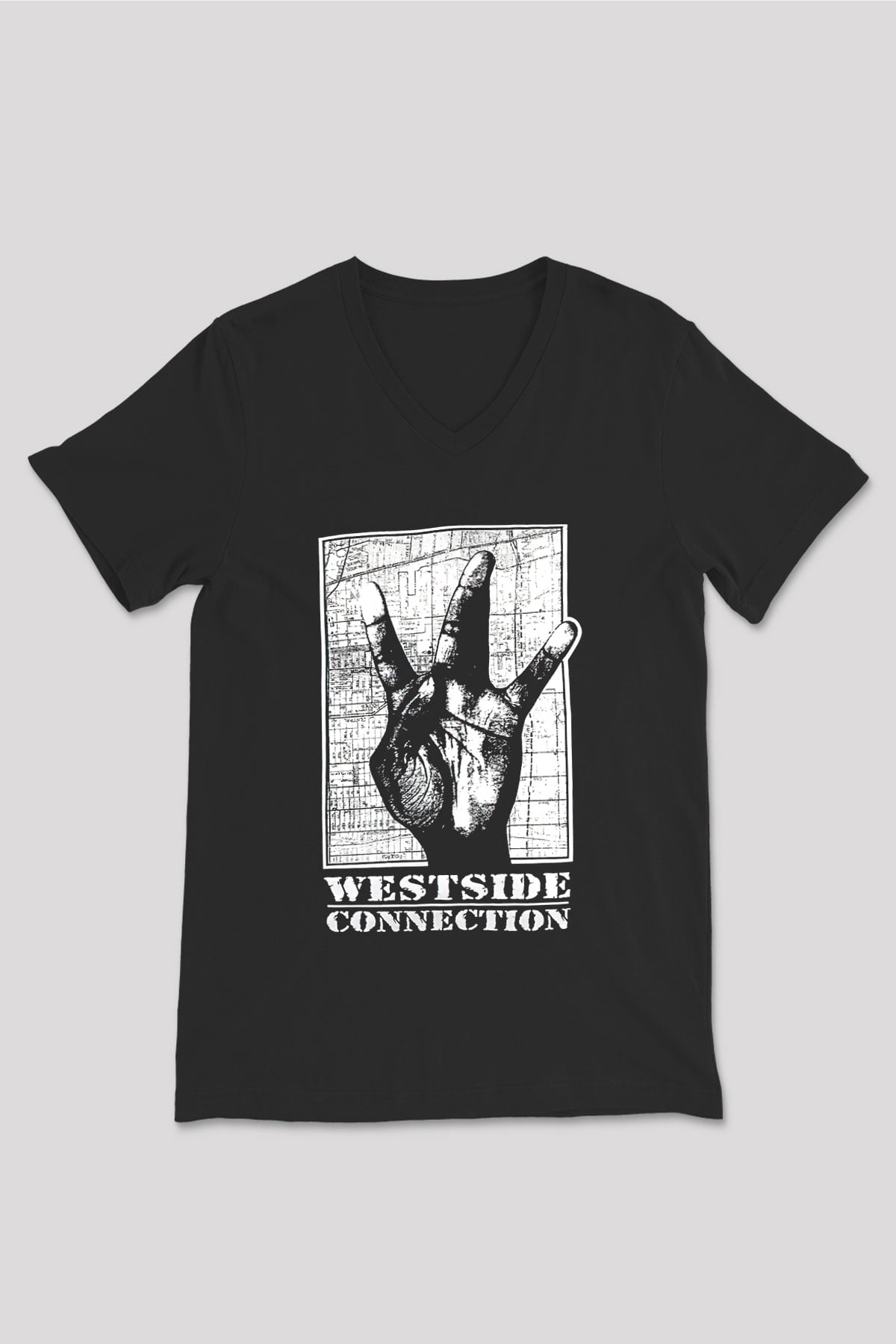 West Side Connection Baskılı Unisex Siyah V Yaka Tişört - Tshirt
