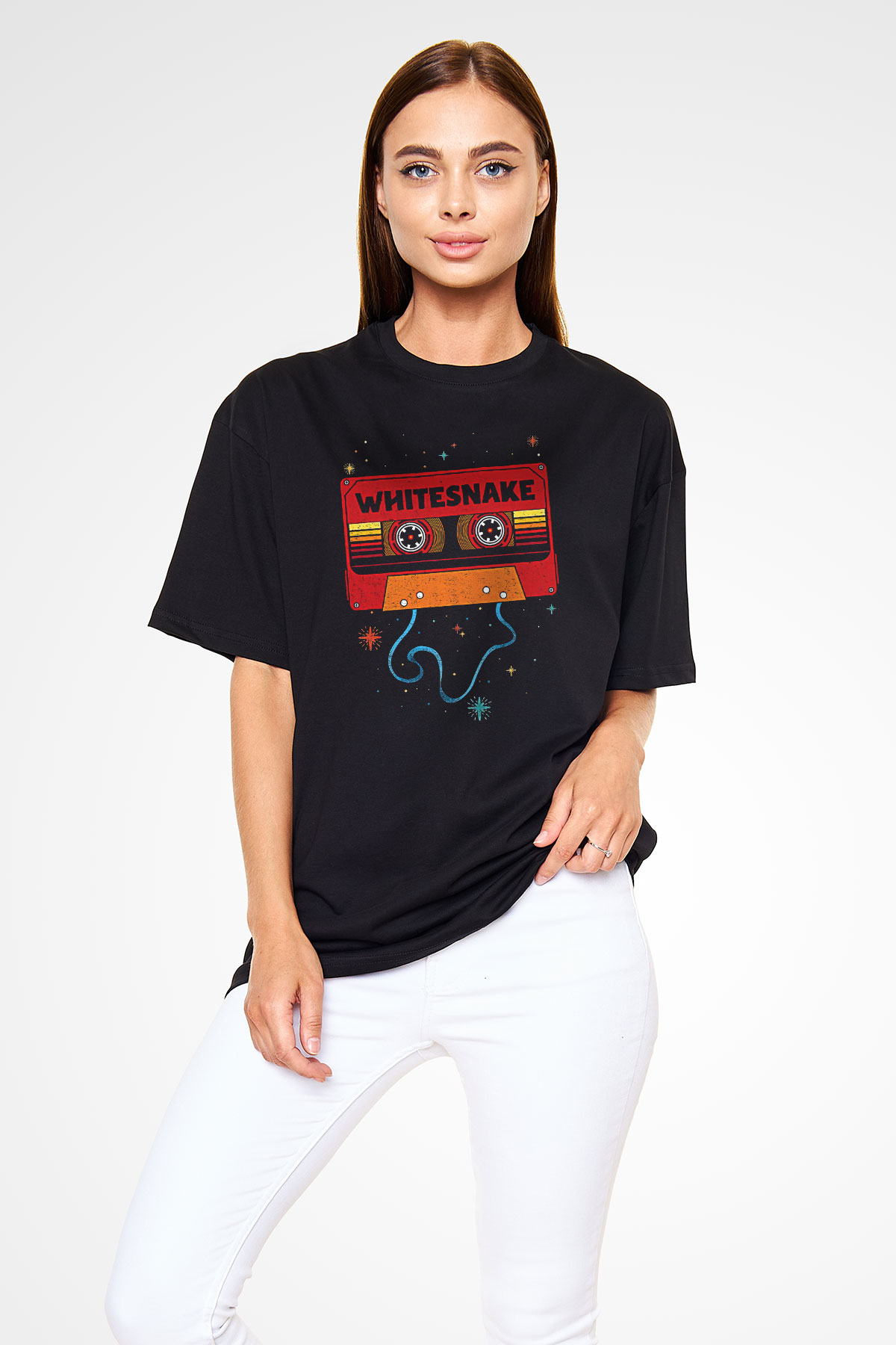 Whitesnake Baskılı Unisex Siyah Oversize Tişört - Tshirt