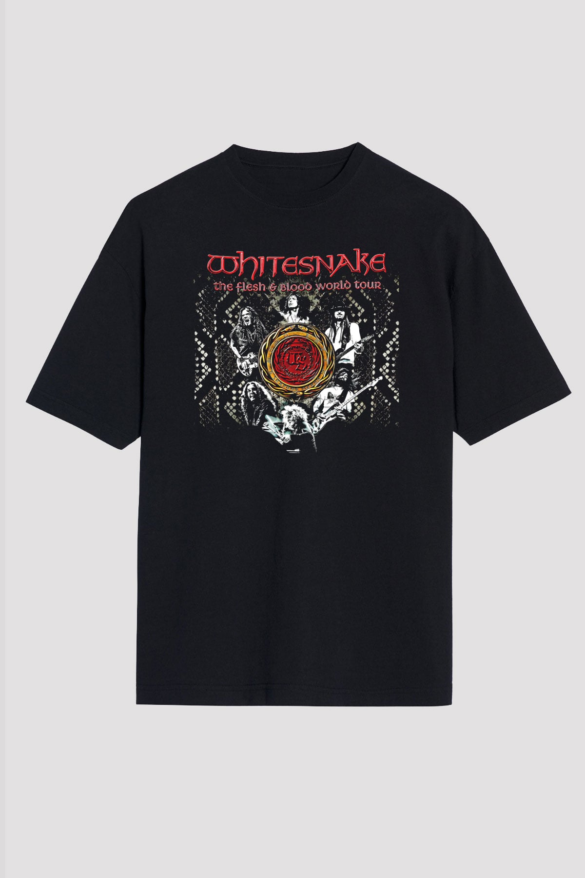 Whitesnake Baskılı Unisex Siyah Oversize Tişört - Tshirt