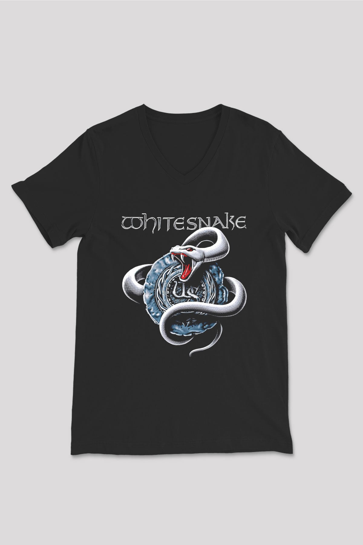 Whitesnake Baskılı Unisex Siyah V Yaka Tişört - Tshirt