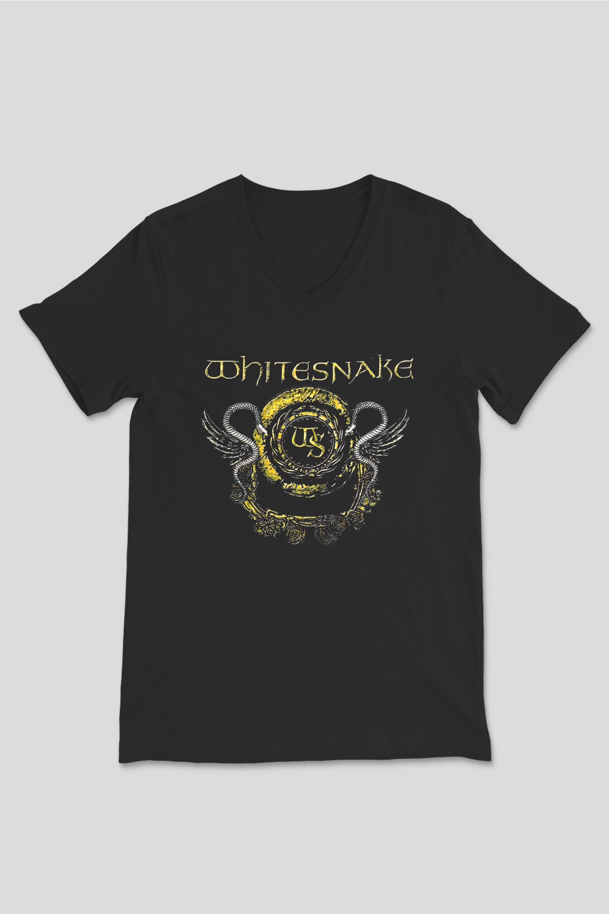 Whitesnake Baskılı Unisex Siyah V Yaka Tişört - Tshirt