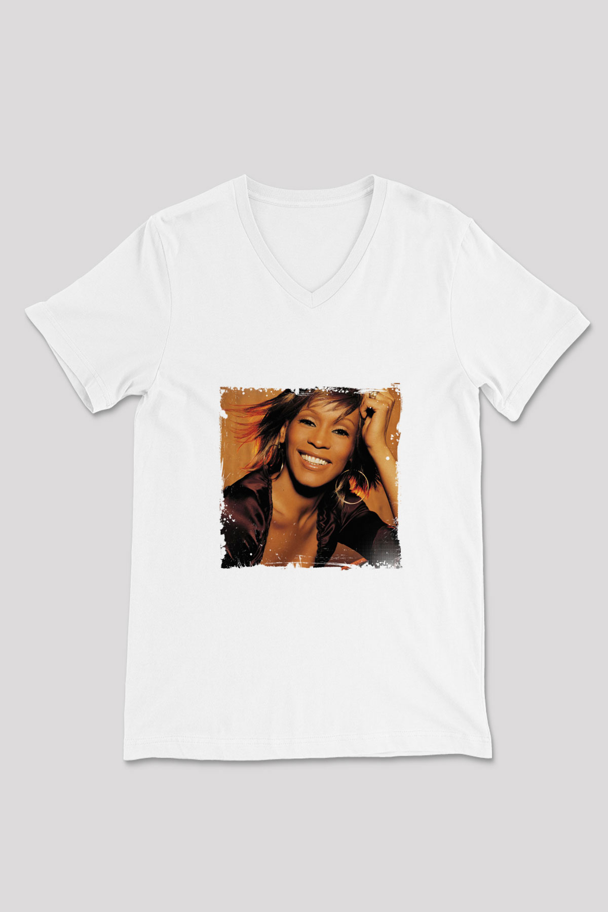 Whitney Houston Baskılı Beyaz V Yaka Unisex Tişört