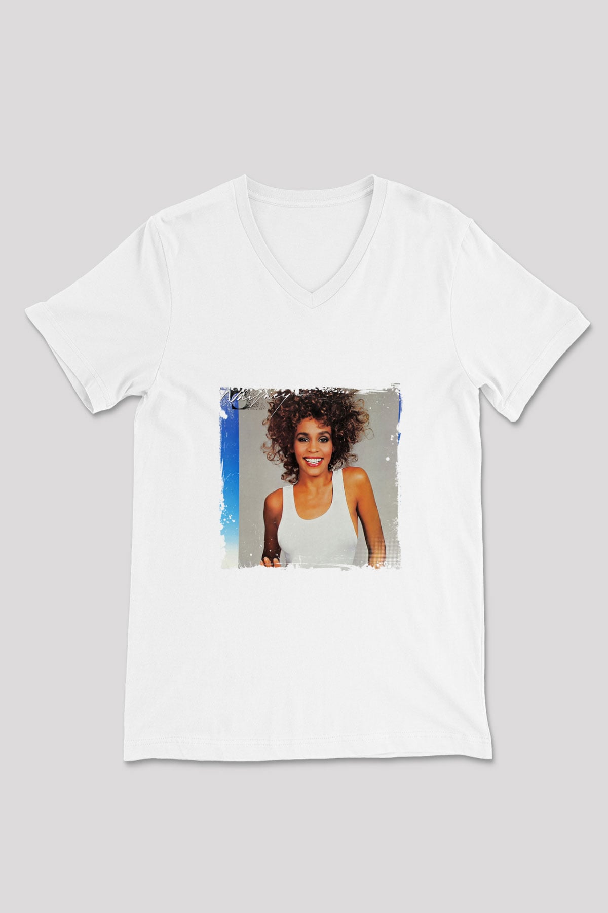 Whitney Houston Baskılı Beyaz V Yaka Unisex Tişört