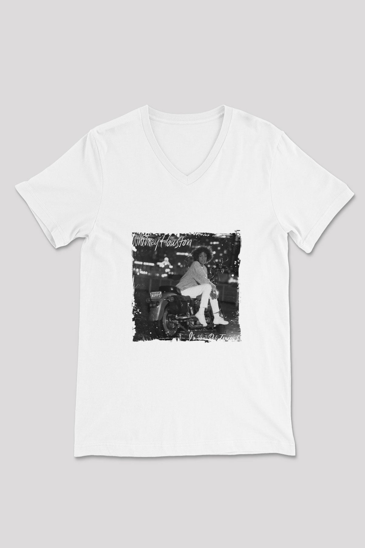 Whitney Houston Baskılı Beyaz V Yaka Unisex Tişört