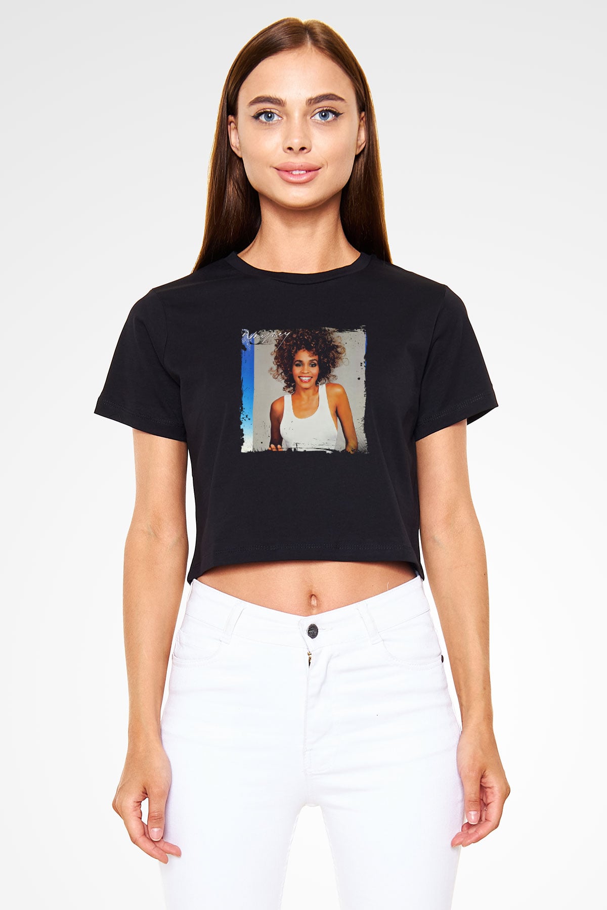 Whitney Houston Baskılı Crop Top Siyah Kadın Tişört