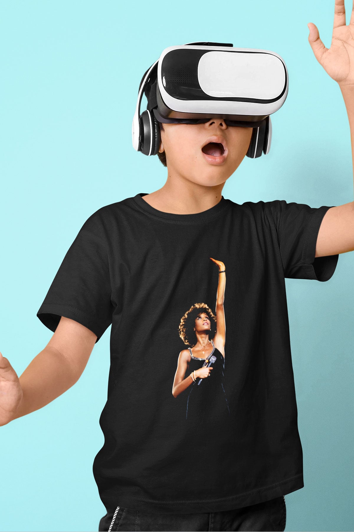 Whitney Houston Baskılı Siyah Unisex Çocuk Tişört