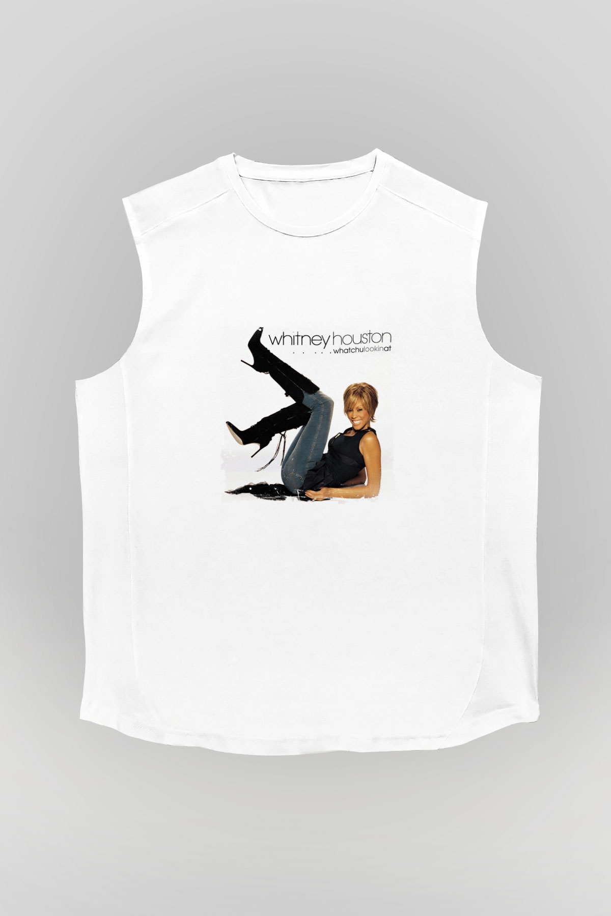 Whitney Houston Baskılı Unisex Beyaz Kolsuz Tişört