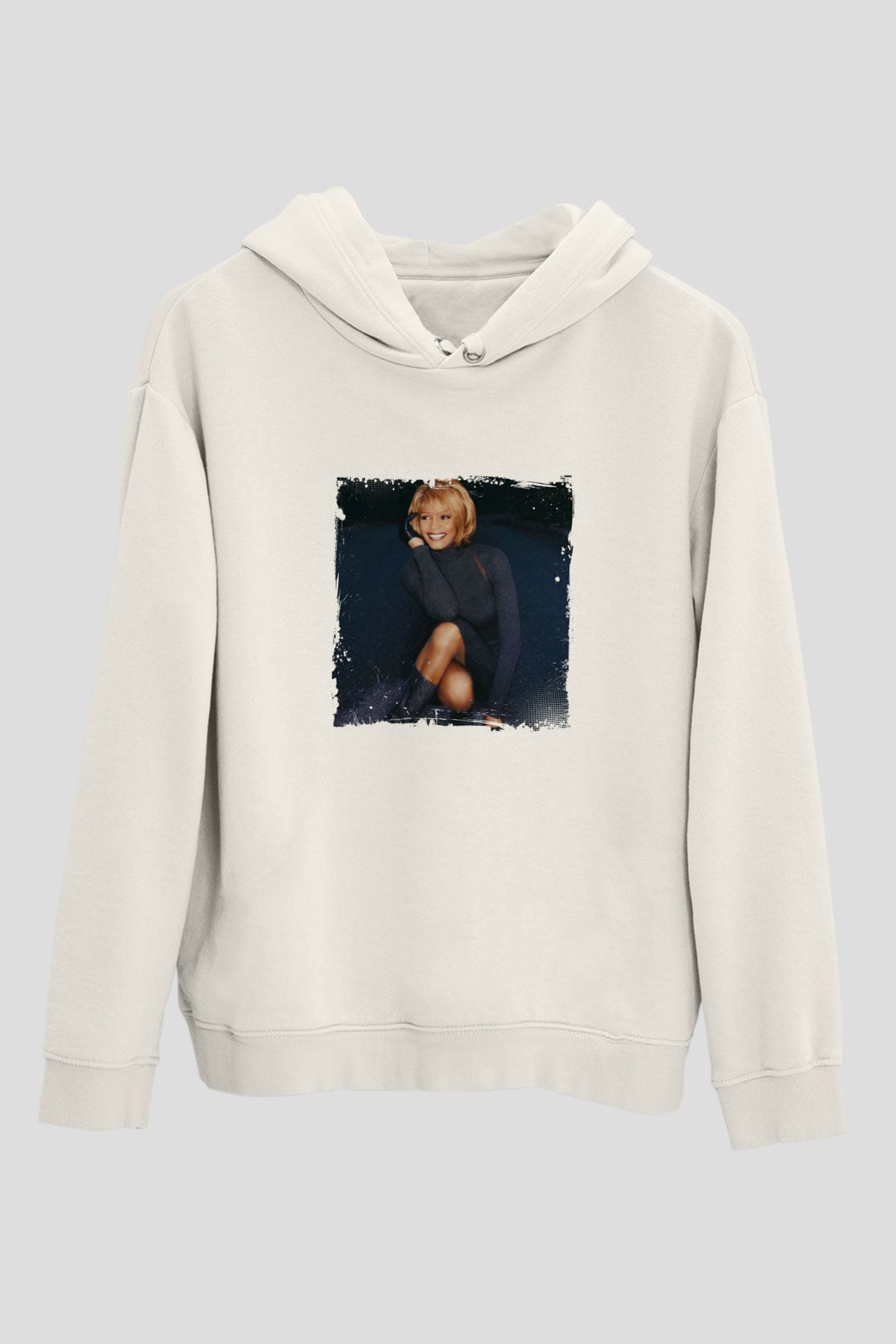 Whitney Houston Baskılı Unisex Beyaz Kapüşonlu Sweatshirt