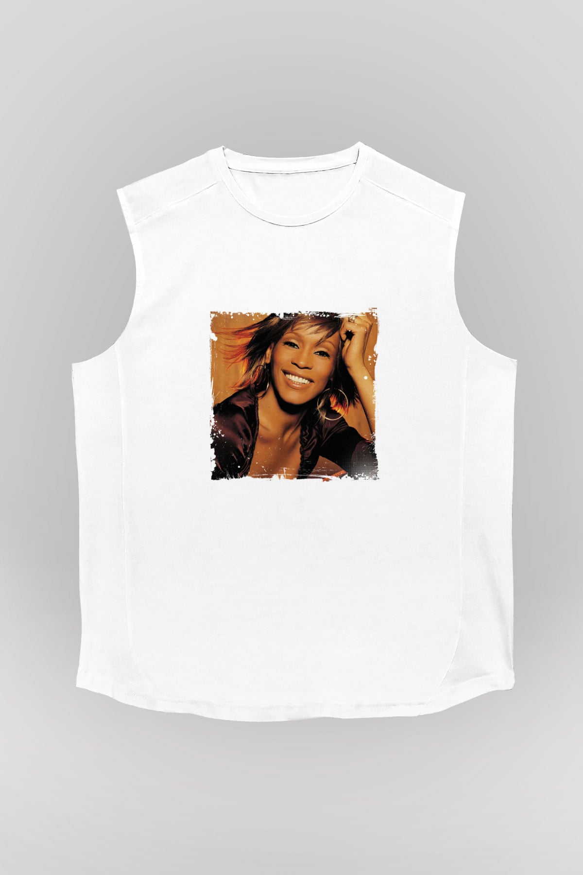 Whitney Houston Baskılı Unisex Beyaz Kolsuz Tişört